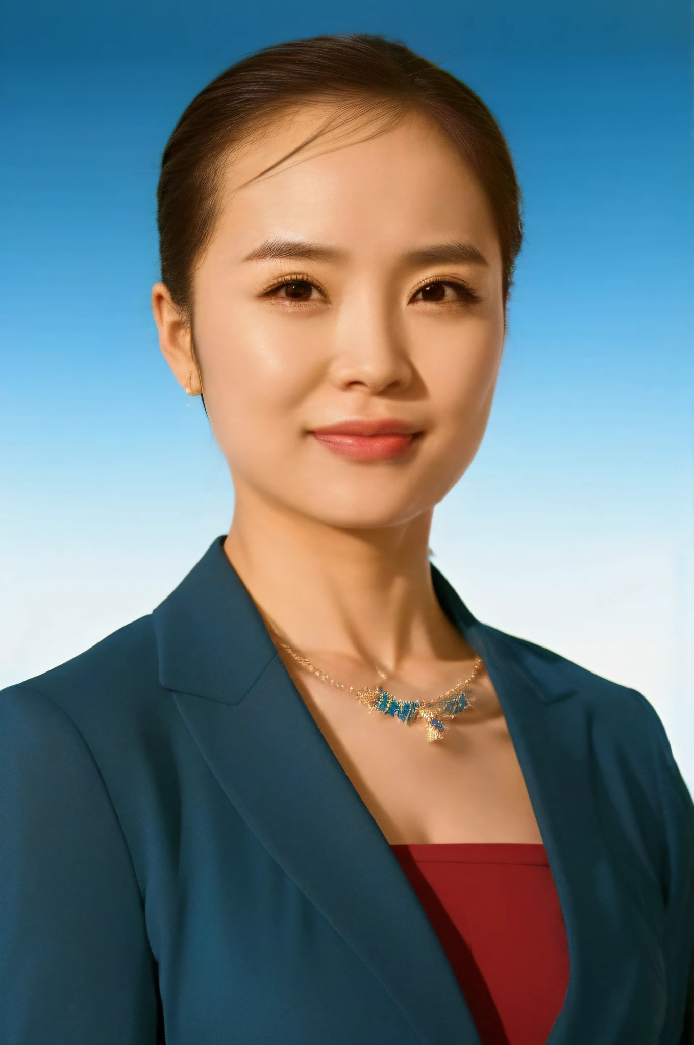 woman in a blue suit with a necklace and a necklace on her neck, xue han, lu ji, pengzhen zhang, jiyun chae, xiaofan zhang, yun ling, wei wang, lei min, qiu fang, wu liu, zhuoxin ye, wenfei ye, chengyou liu, jinyiwei, qifeng lin