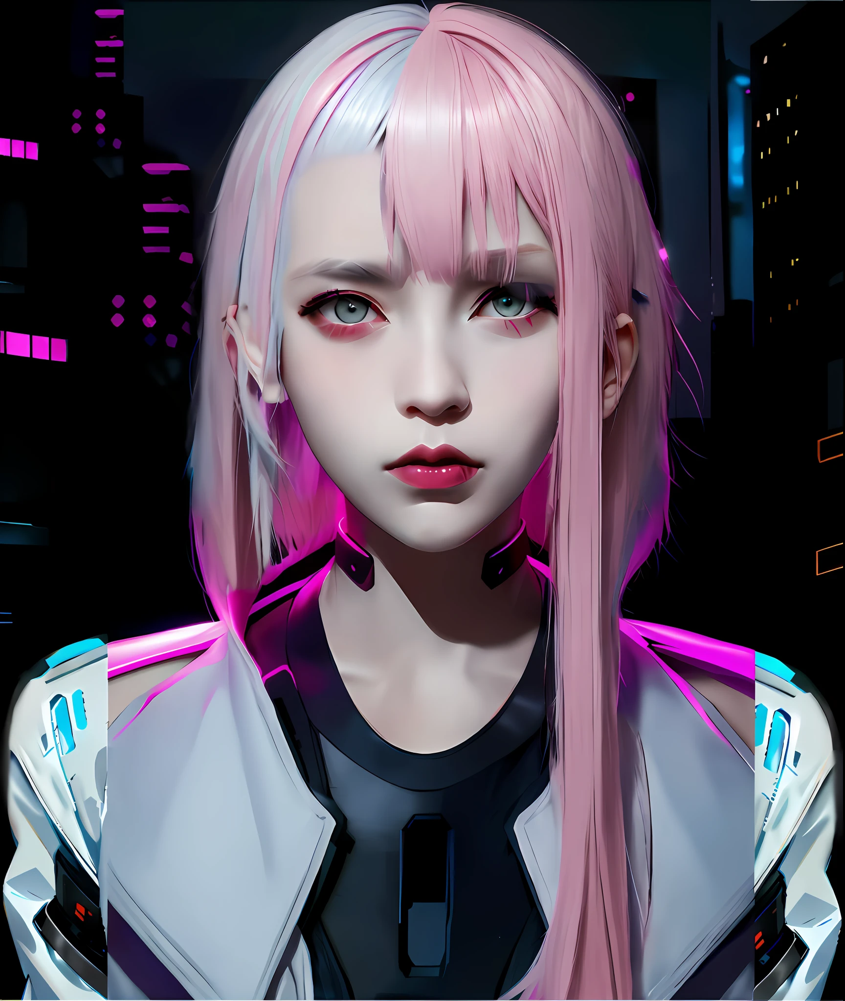 Hime cut, half silver and half pink hair, tips sticking out from the bottom,medium hair, ultra realistic hair well ugly, fringe separated,pink hair,8K,hair showing skin difference