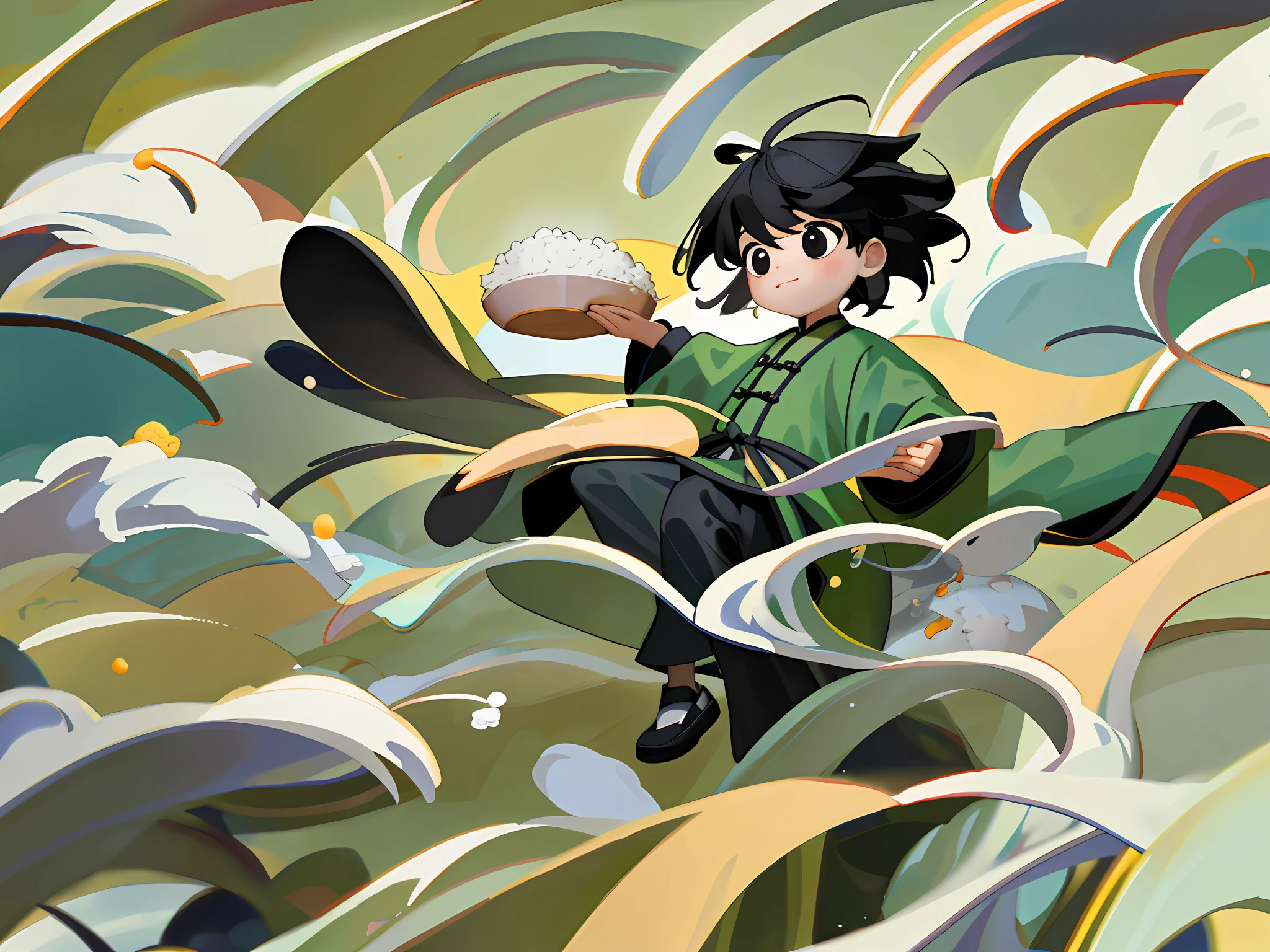 8k, masterpiece, high quality, men, children, black hair and black eyes, oil painting, Q version, green long sleeves, Chinese children's clothing, holding rice, happy