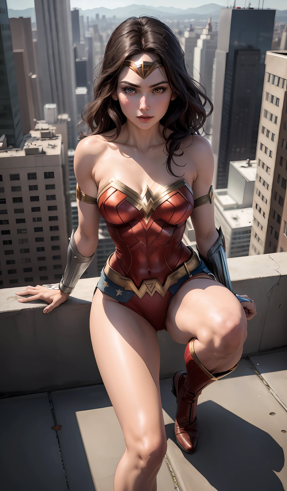 4k, realistic, charismatic, lots of detail, there is a girl at the top of the city, wearing the costume of Wonder Woman, she is a brunette with veedic eyes, white superhero theme,, 25 years old, full body, perfect breasts, halo showing, small outfit. Sexy, sexy. Photo from the bottom up, she crouched, legs spread.