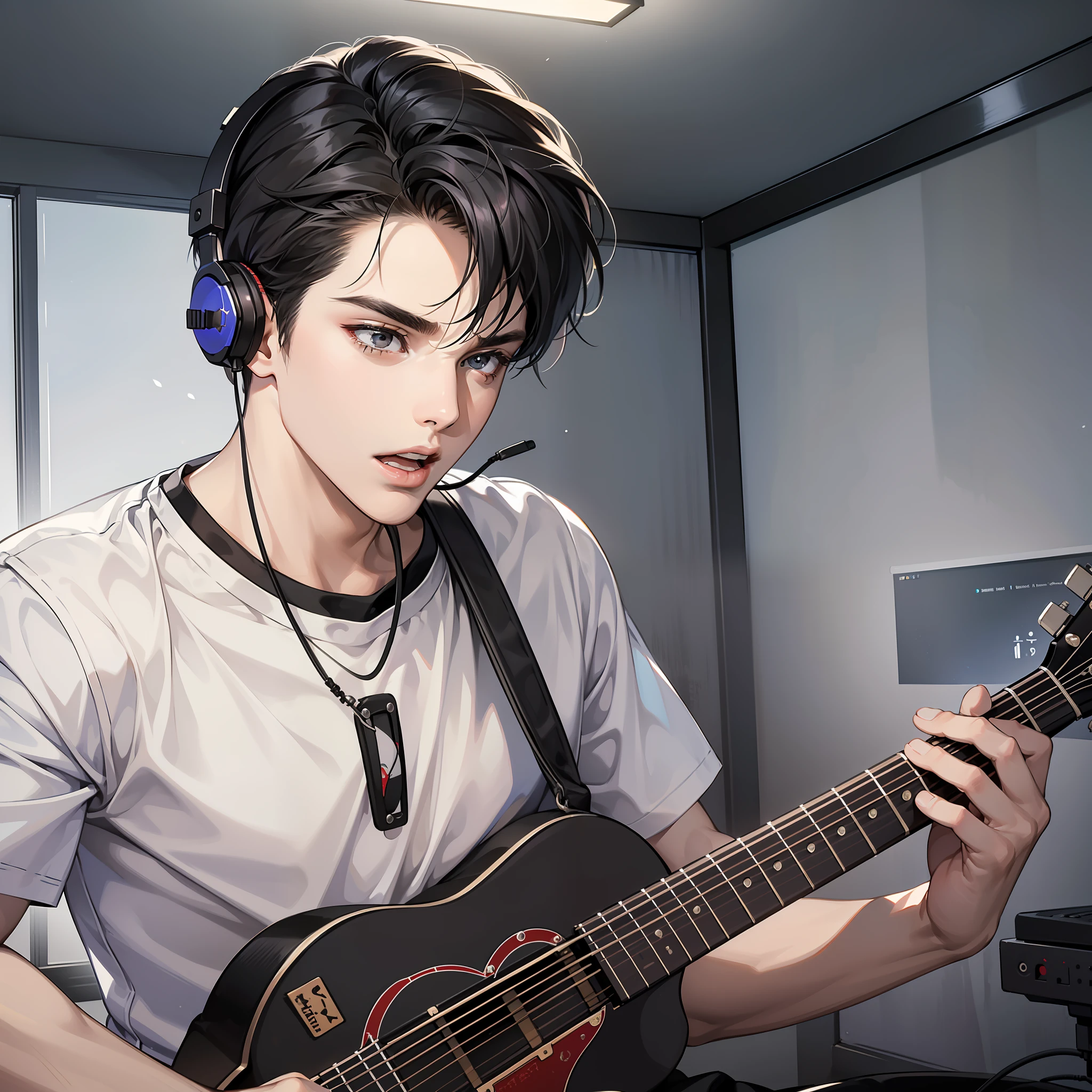 Masterpiece, high quality, best quality, HD, realistic, perfect lighting, detailed face, detailed body, 1 man, short black hair, white T-shirt, (serious expression: 1.5) (face calm: 1.5), open mouth, looking at the computer screen, holding the guitar and singing, looking engaged, with headphones, in the room