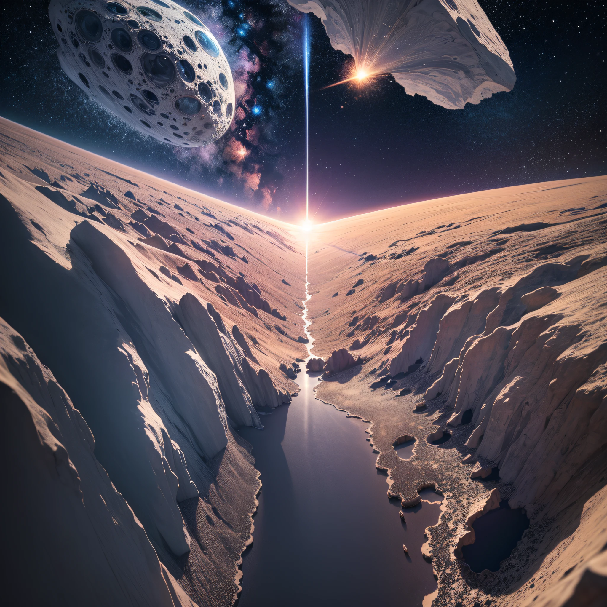 8K, ultra-wide-angle, ultra-detailed, surreal, wide-angle, a huge meteorite in space falling towards Earth
