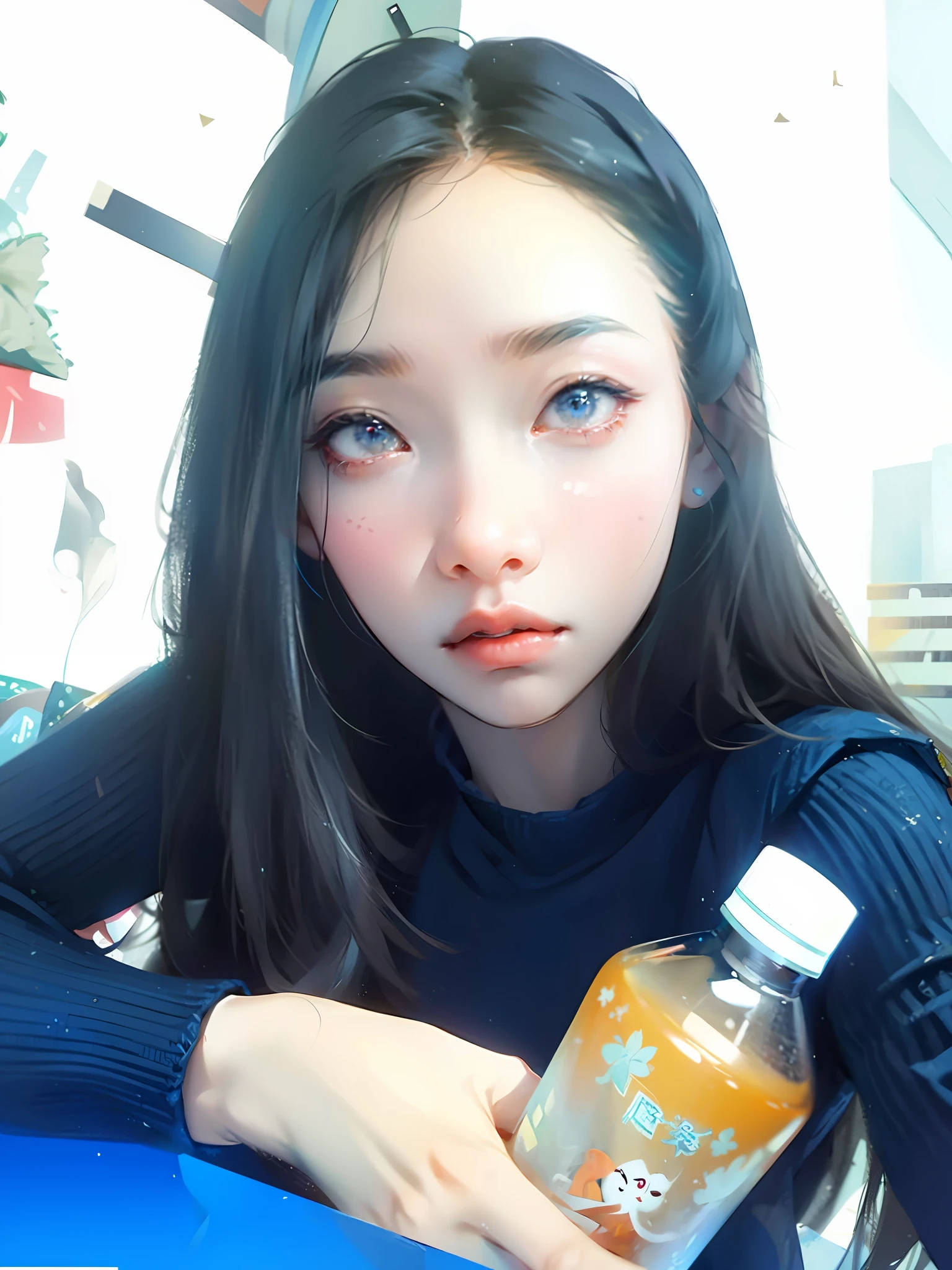 arafed asian woman holding a bottle of orange juice, wenfei ye, xintong chen, li zixin, wenjun lin, qifeng lin, pengzhen zhang, xision wu, louise zhang, zhelong xu, zeng fanzh, qichao wang, leslie zhang, mingchen shen, chengyou liu, 1 8 yo