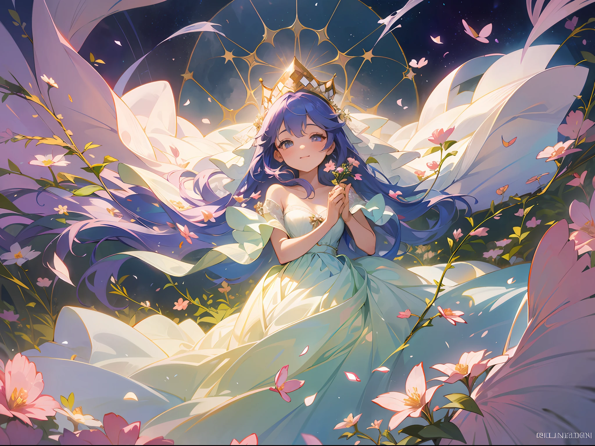 ((best quality)), ((masterpiece)), (detailed), (dreamlike), (young girl), (wedding dress), (floating), (garden in the sky), a young girl with an ethereal presence, dressed in a breathtaking wedding gown, gracefully floats through an enchanting garden suspended in the heavens. The garden is adorned with vibrant blooms in a myriad of colors, forming a kaleidoscope of petals that dance on the gentle breeze. The girl's gown billows around her as if weightless, its flowing fabric shimmering with a hint of magic. Delicate flowers and ivy vines intertwine in her hair, creating a natural and whimsical crown. The air is perfumed with the sweet fragrance of blossoms, creating an atmosphere of romance and serenity. The girl's radiant smile exudes joy and anticipation as she gazes into the endless expanse of the sky, filled with stars that twinkle with a special brilliance. [fantasy art:1.1], [floating garden:1.2], [magical atmosphere:1.1], (dreamy ambiance:1.2), (digital painting:1.1)