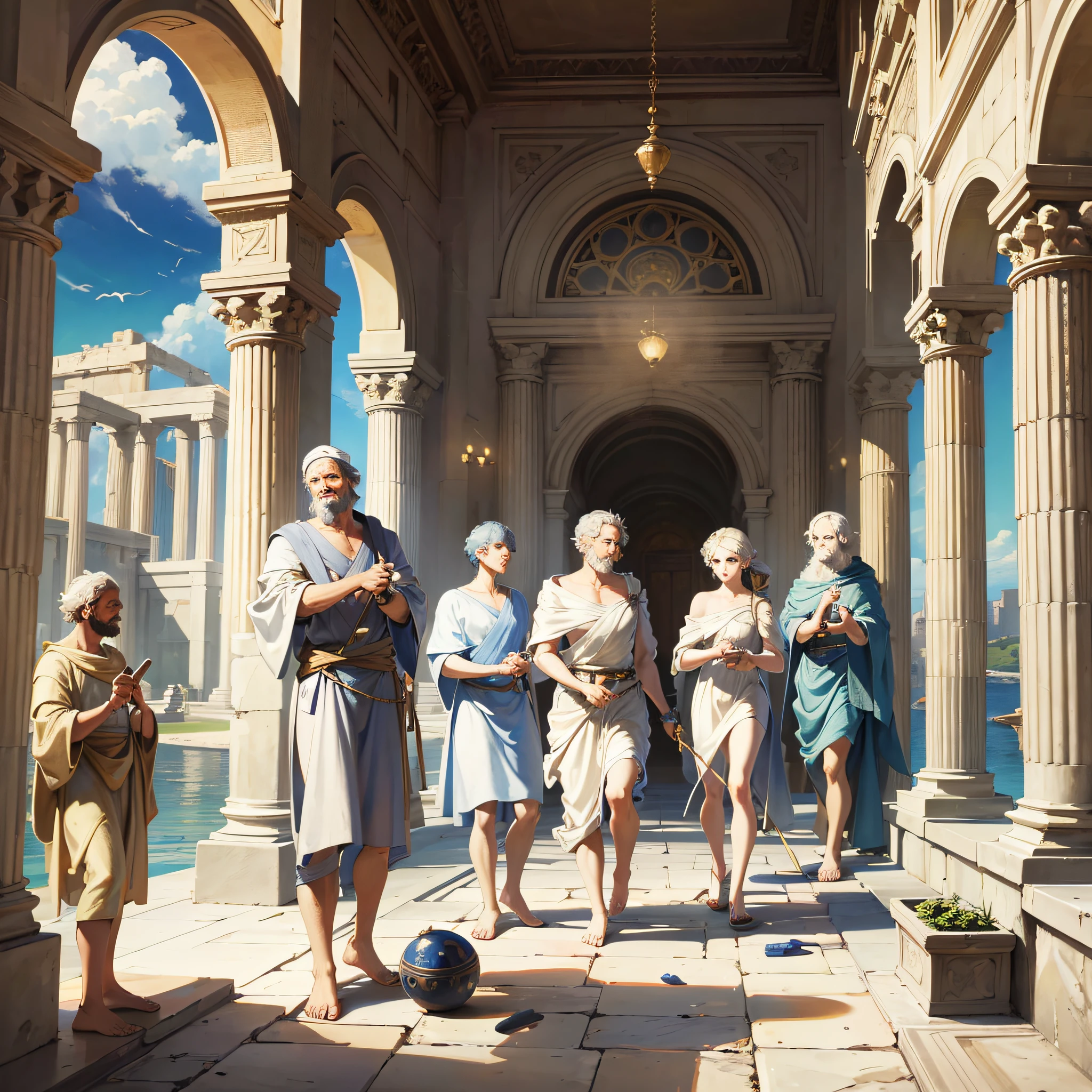The scene takes place in a large square in Greece with pillars and stalls selling items such as vases. In the center, two men in imposing figures stand out: Aristotle and Plato, both dressed and walking in costumes typical of ancient Greece. They are engaged in a lively conversation, with Aristotle pointing to the sky and Plato holding a pensive pose. Around them, important figures of the time, such as Euclid, Ptolemy and Socrates, are gathered in smaller groups, walking together, discussing and making notes on scrolls. In the background we can see a large building with a mural that represents the history of philosophy, with figures such as Pythagoras, Heraclitus and Democritus. The diffused light of late afternoon that illuminates the scene, creating a serene and intellectual environment. The precision of the details and the harmony of the colors refer to the Renaissance technique, making this painting a masterpiece of classical art. --auto --s2