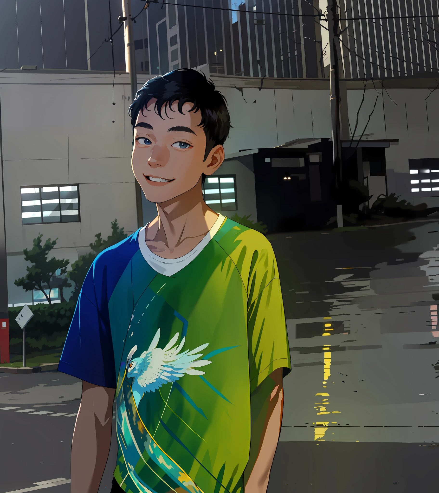 masterpiece, Top Quality, Absurdity, Perfect Anatomy, 1boy, Solo, Shrug \(clothing\), Long sleeve, , Standing, City, Outdoors, Cowboy shot, Smile, Black hair, detailed eyes,