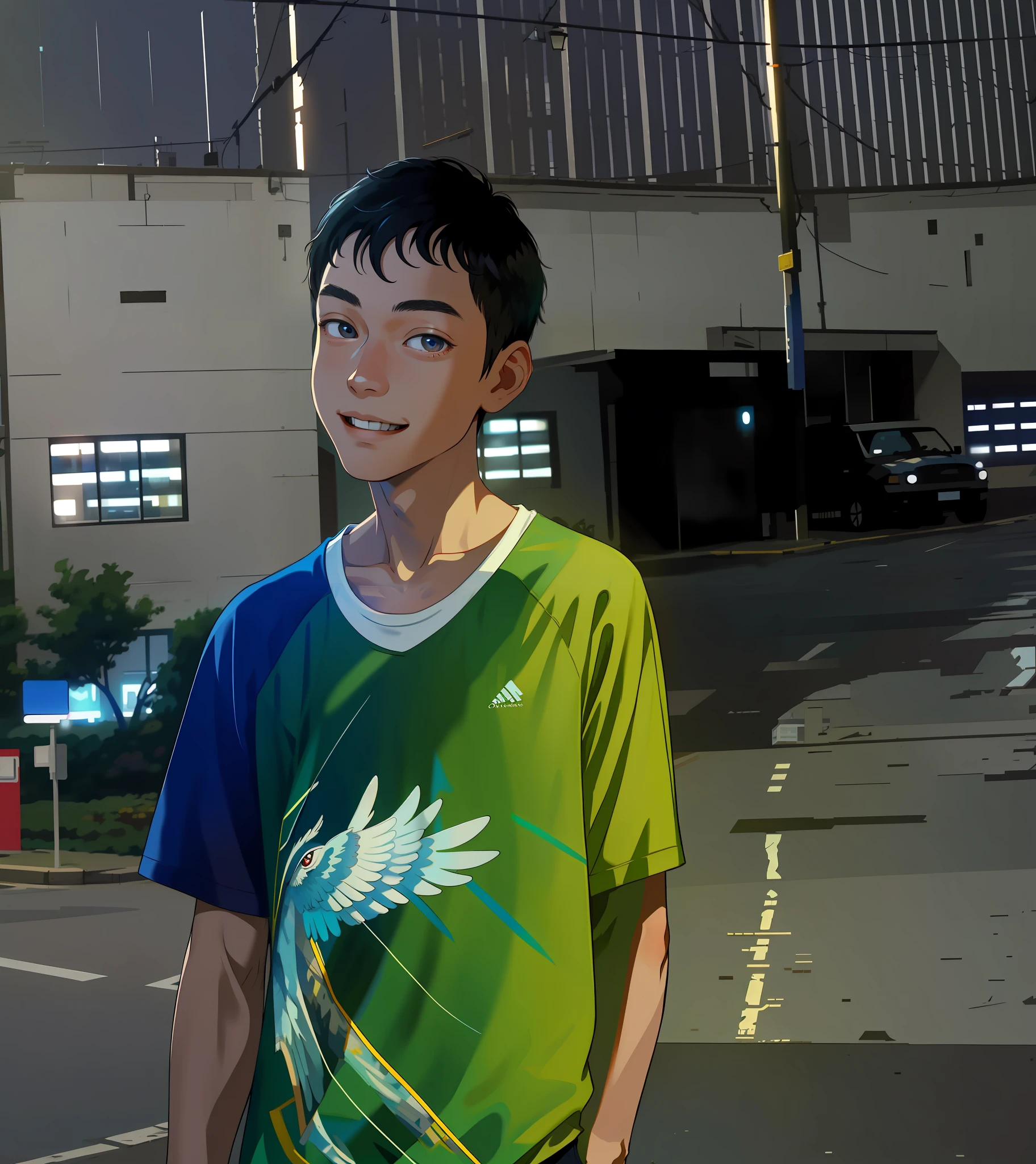 masterpiece, Top Quality, Absurdity, Perfect Anatomy, 1boy, Solo, Shrug \(clothing\), Long sleeve, , Standing, City, Outdoors, Cowboy shot, Smile, Black hair, detailed eyes,
