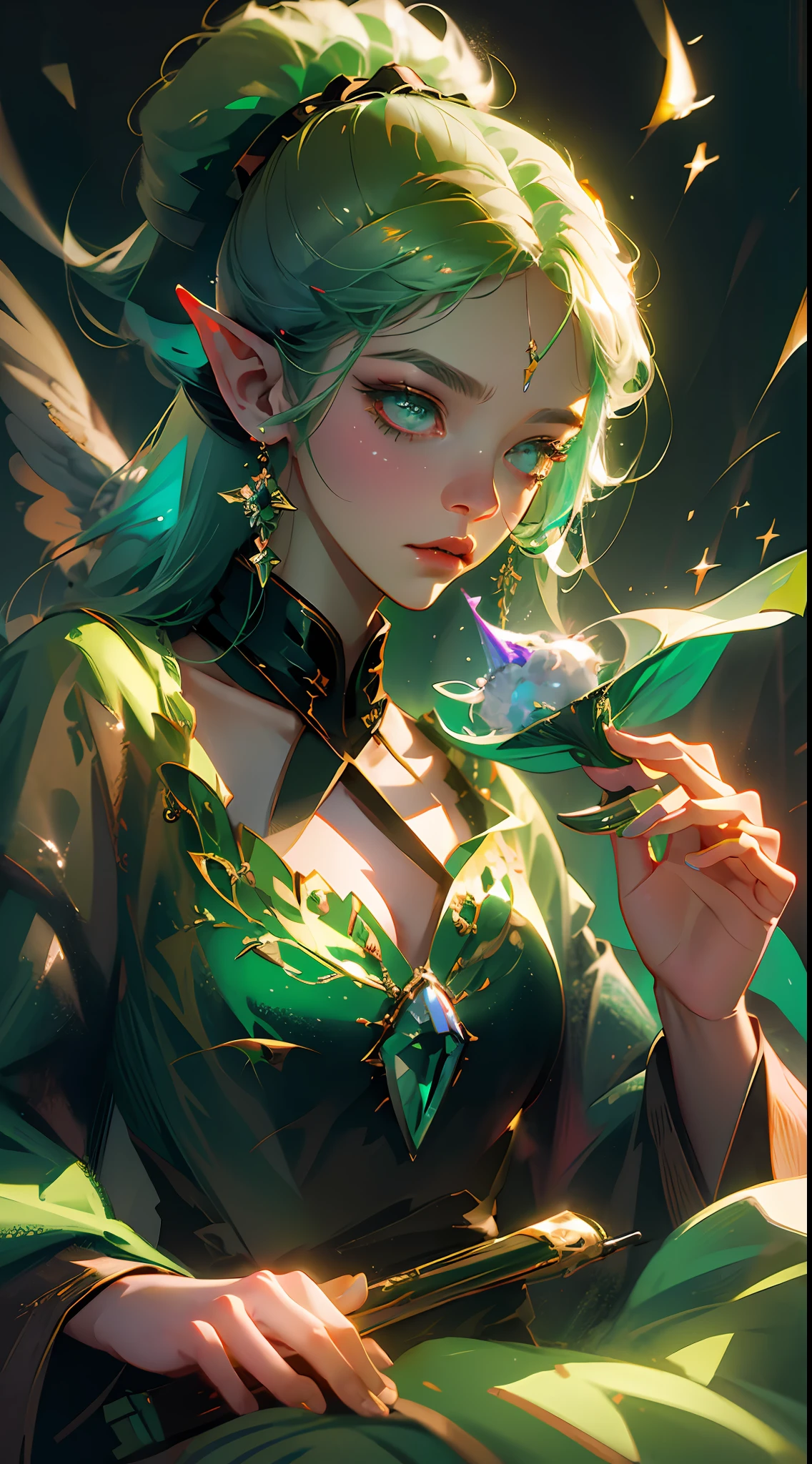 Magic Elf, Wings, Green Robe, Long Hair, Magic Wand, Green Eyeshadow, Mysterious Breath, Top Shot, Ponytail, Master Works, Best Quality, More Detail, Ultra High Resolution, Mood Lighting, --auto --s2