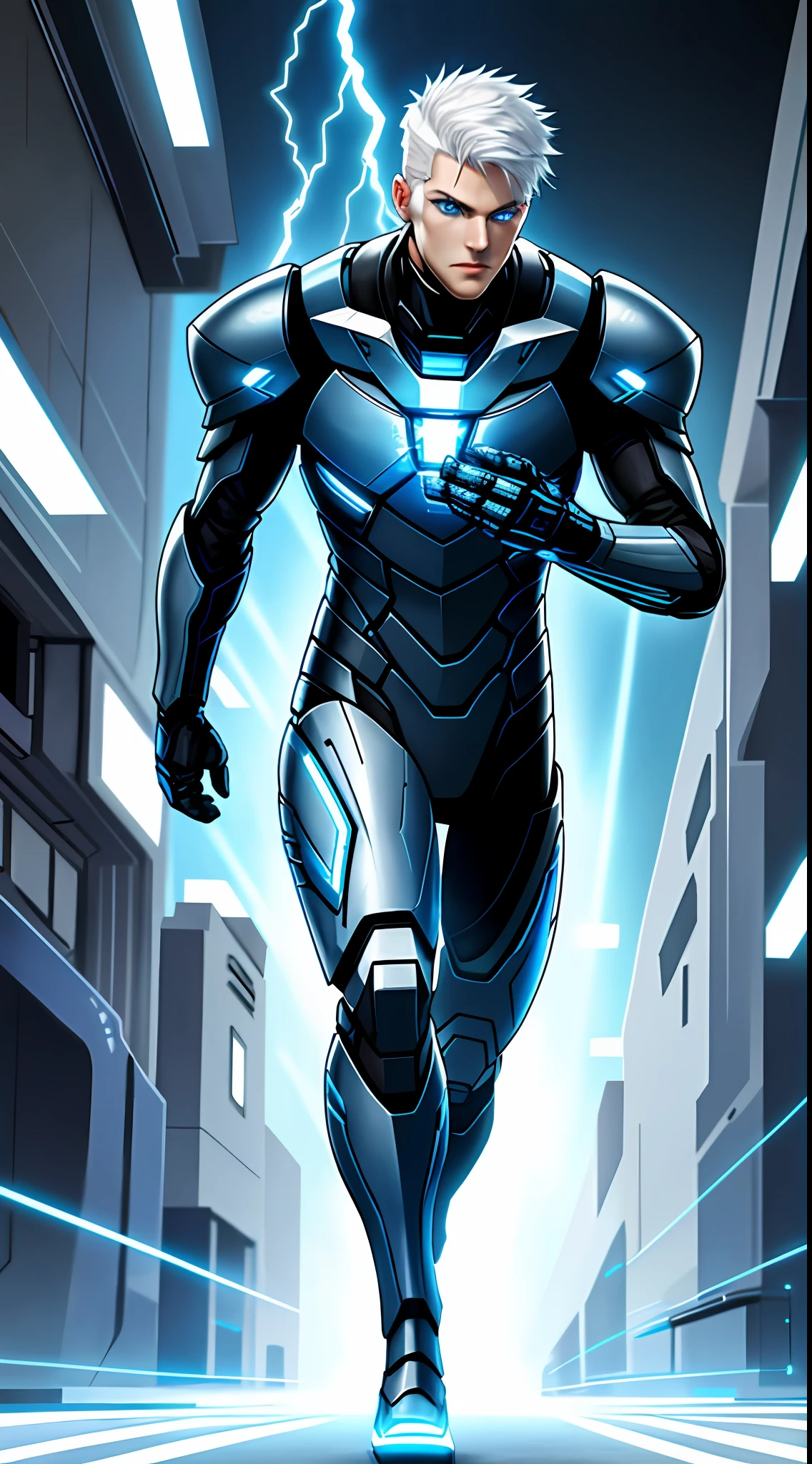 Tall guy, short white hair, blue eyes, cyber soldier, running, blue lightning, cable, masterpiece, high quality
