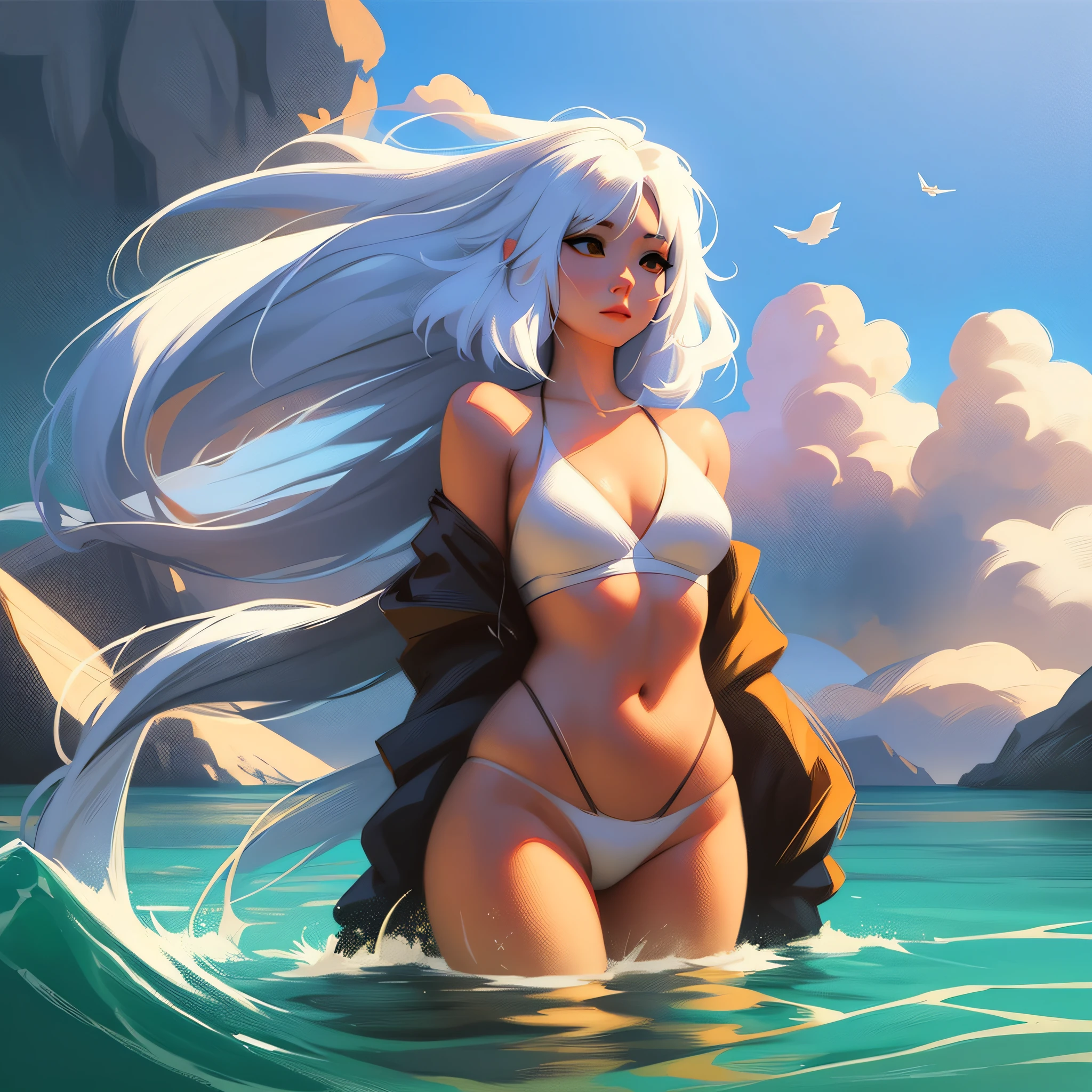 a woman in a white bikini is in the water, concept art by Russell Dongjun Lu, trending on pixiv, fantasy art, artwork in the style of guweiz, guweiz, guweiz on pixiv artstation, guweiz masterpiece, guweiz on artstation pixiv, white haired deity, detailed digital anime art --auto --s2