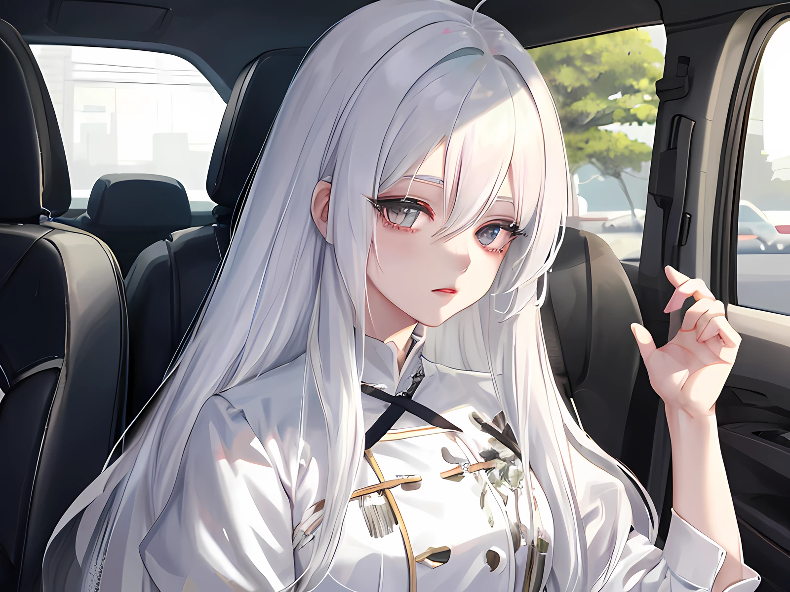 Anime girl in the car, white haired girl, from the girl front, perfect white-haired girl, fine details. girl front, white haired god, girl front style, white hair, anime visuals of cute girls, beautiful anime portraits, white hair, detailed digital anime art, guweiz, anime girls with long hair