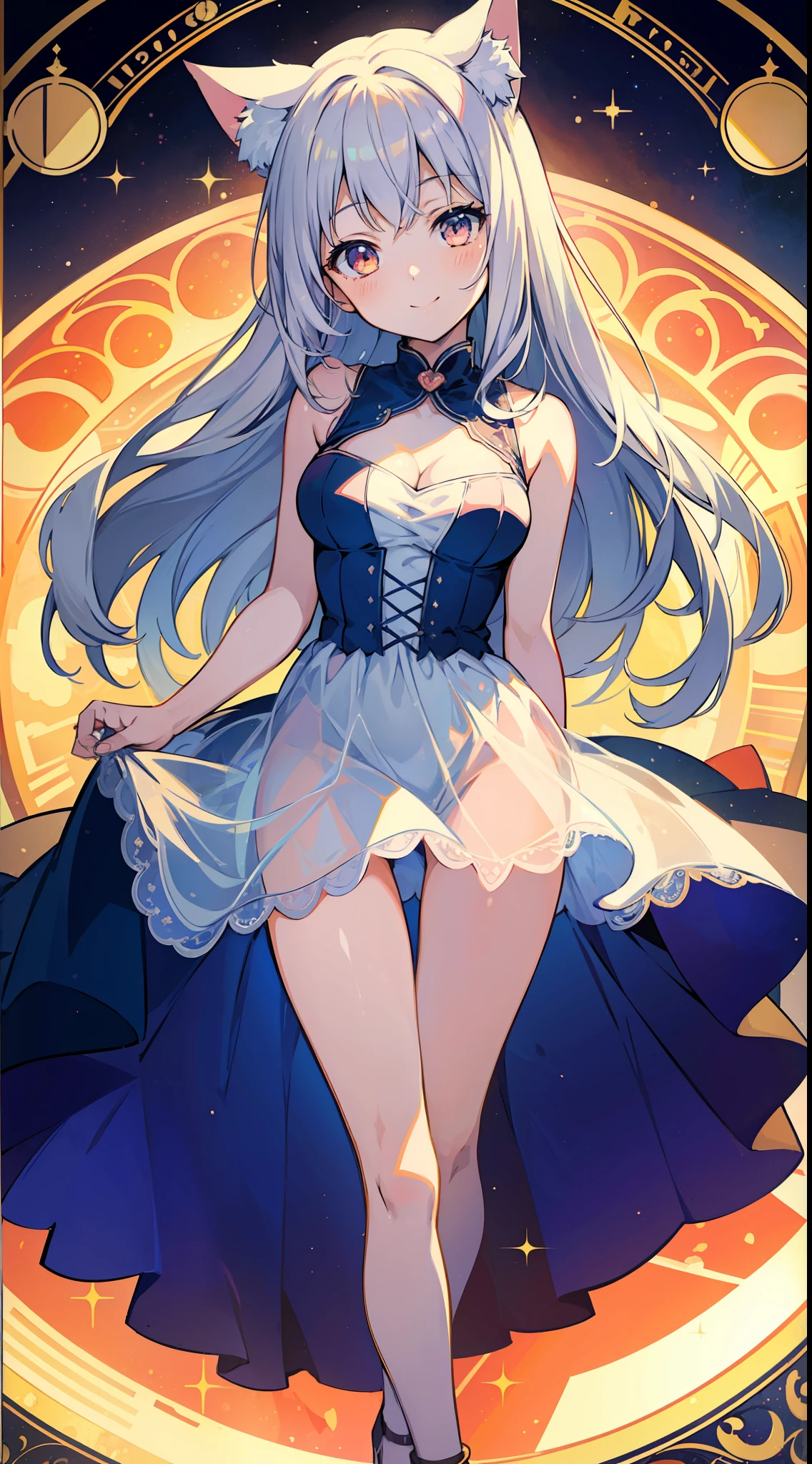 (Masterpiece), (Top Quality Anime Illustration), (Super Definition), One Girl, Solo, Silver-haired Beautiful Girl, Anime , Cat Ear Lolile Color Peach See-Through Dress, Sleeveless, Smile, Cleavage Enhancement, Lower Breast Enhancement, Thighs, Tarot Card Style, Sweetheart