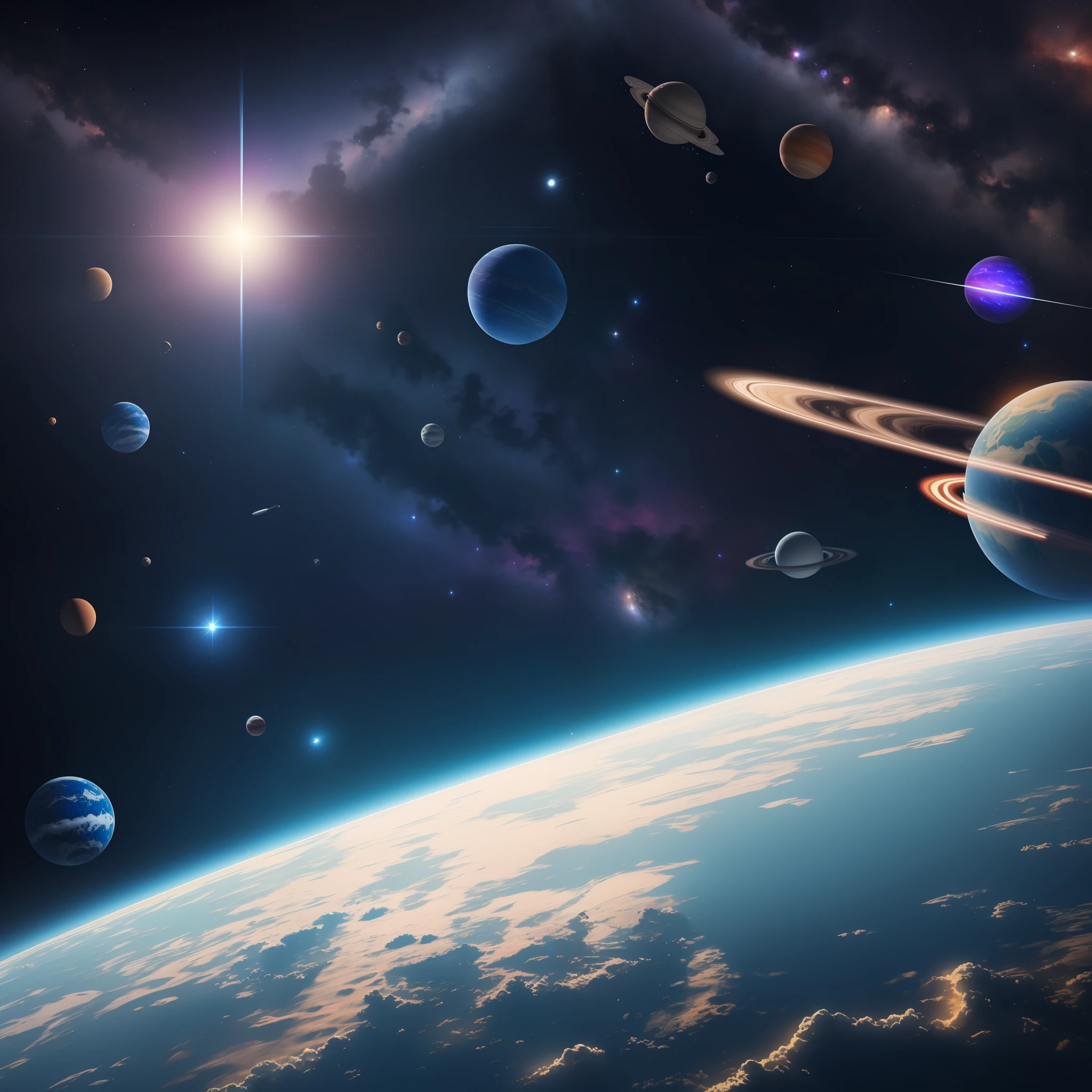 (8k, photorealistic: 1.37), A outer space full of bright stars and mysterious planets, with a spacecraft passing in the background.