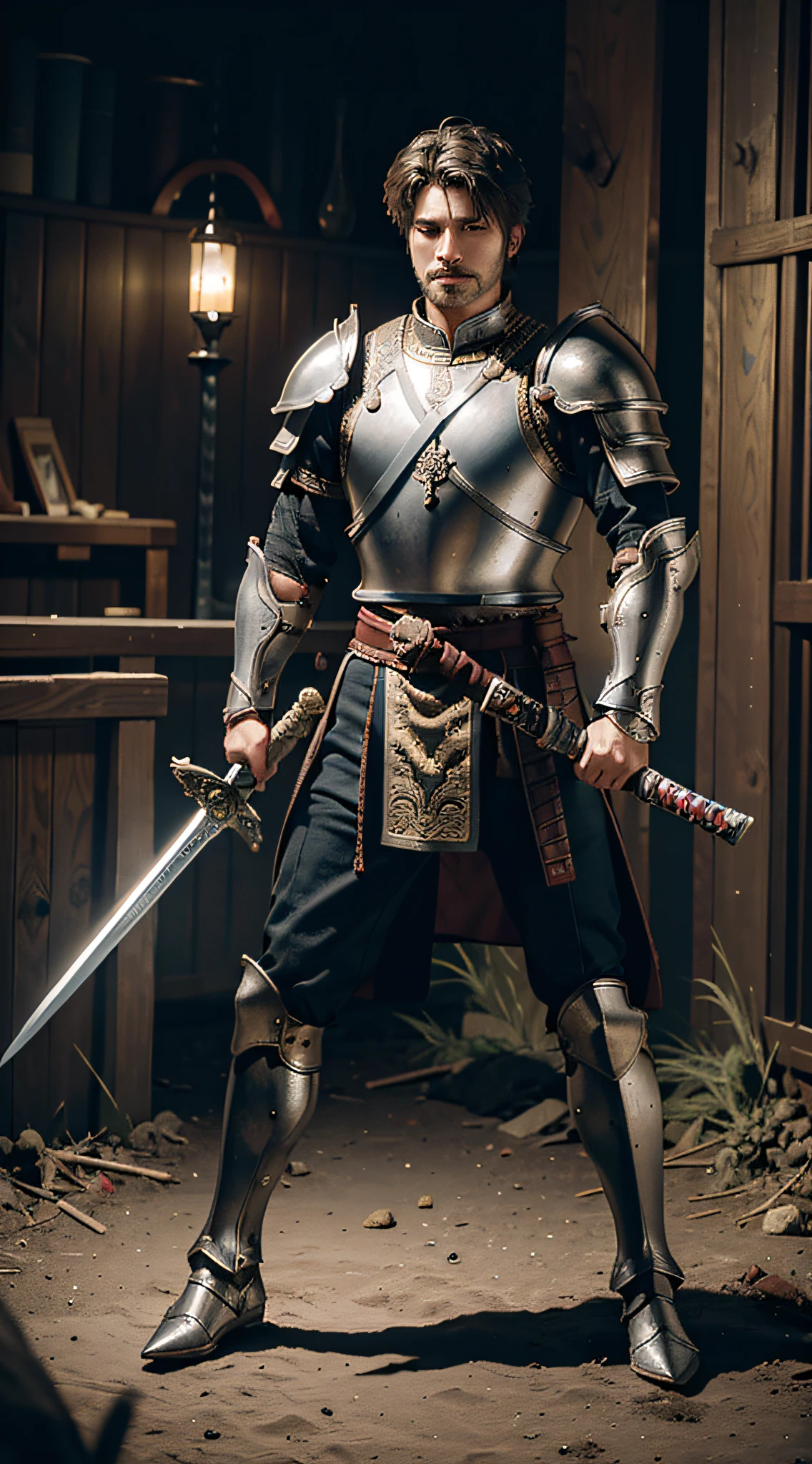 Best quality, masterpiece, warrior, male warrior, standing, armor, holding a sword, man, 8K picture quality, combat status, in a fight, full body, full body photo, full face full of anger, anger