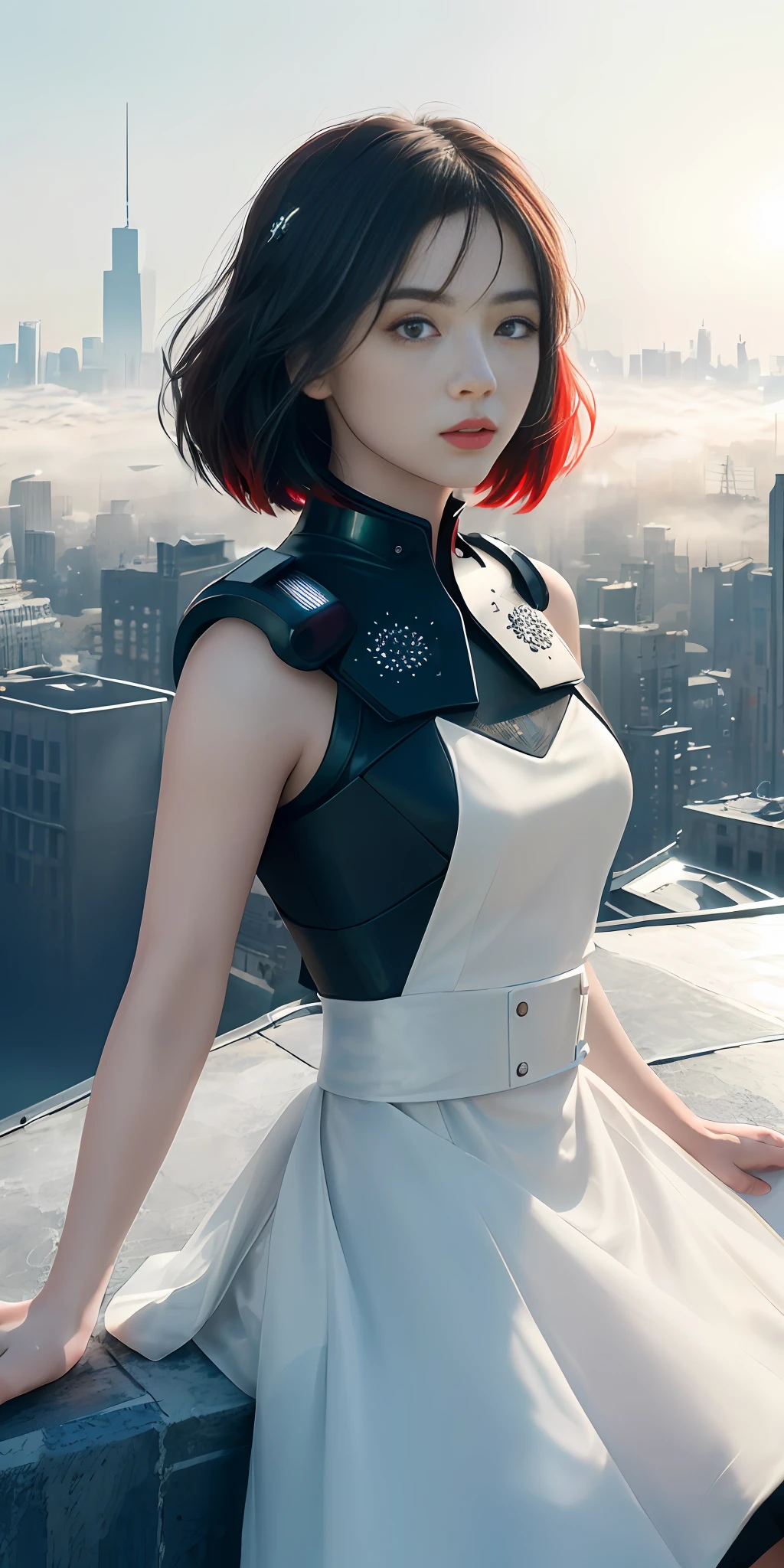 (1 girl:1.3), Solo, (((Highly detailed face)))), ((Highly detailed eyes and face)))), Beautiful detailed eyes, Body parts__, official art, unified 8k wallpaper, ultra detailed, beautiful and beautiful, beautiful, masterpiece, best quality, original, masterpiece, ultra fine photography, best quality, ultra high definition, realistic realism, sunlight, full body portrait, amazing beauty, Dynamic pose, delicate face, vivid eyes, (from the front), red and black color scheme, spider, highly detailed city roof background, rooftop, overlooking city, detailed face, detailed complex busy background, messy and gorgeous milky white, highly detailed skin, realistic skin details, visible pores, clear focus, volumetric fog, 8k UHD, DSLR, high quality, film grain, fair skin, Photorealism, lomography, futuristic dystopian megalopolis, translucency