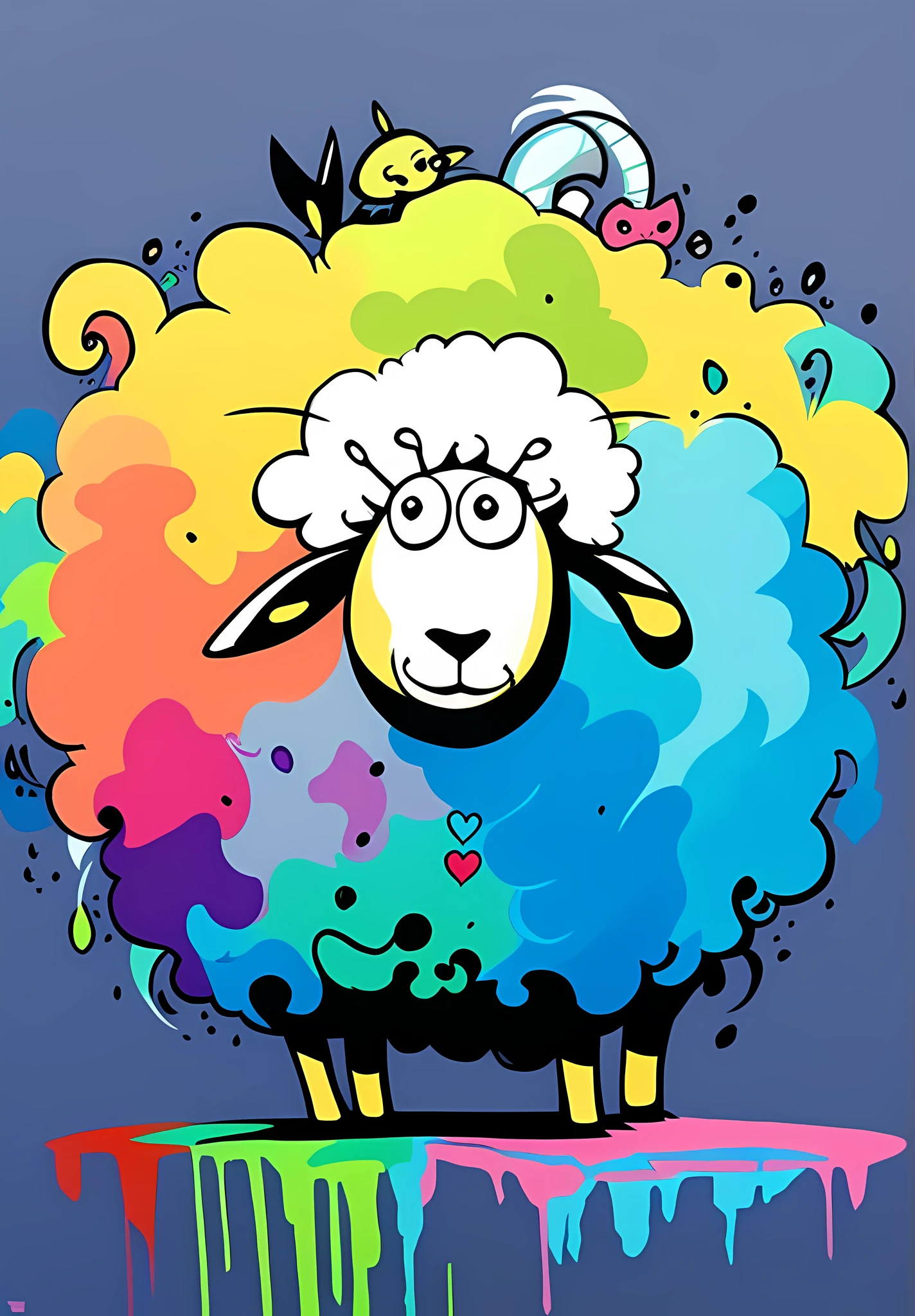 Flat graffiti, graffiti drawing of an abstract sheep, black head with rainbow color body, Ranmec, a painting of a sheep, hand drawn cartoon art style, poisonous sheep, sheep design, in the painting of cats, cartoon painting, liquid sheep, sheep painting, sheep masterpiece, vibrant cartoon art, gorgeous art, splashing graffiti art, Jeff Soto's style --9:16 --auto --s2