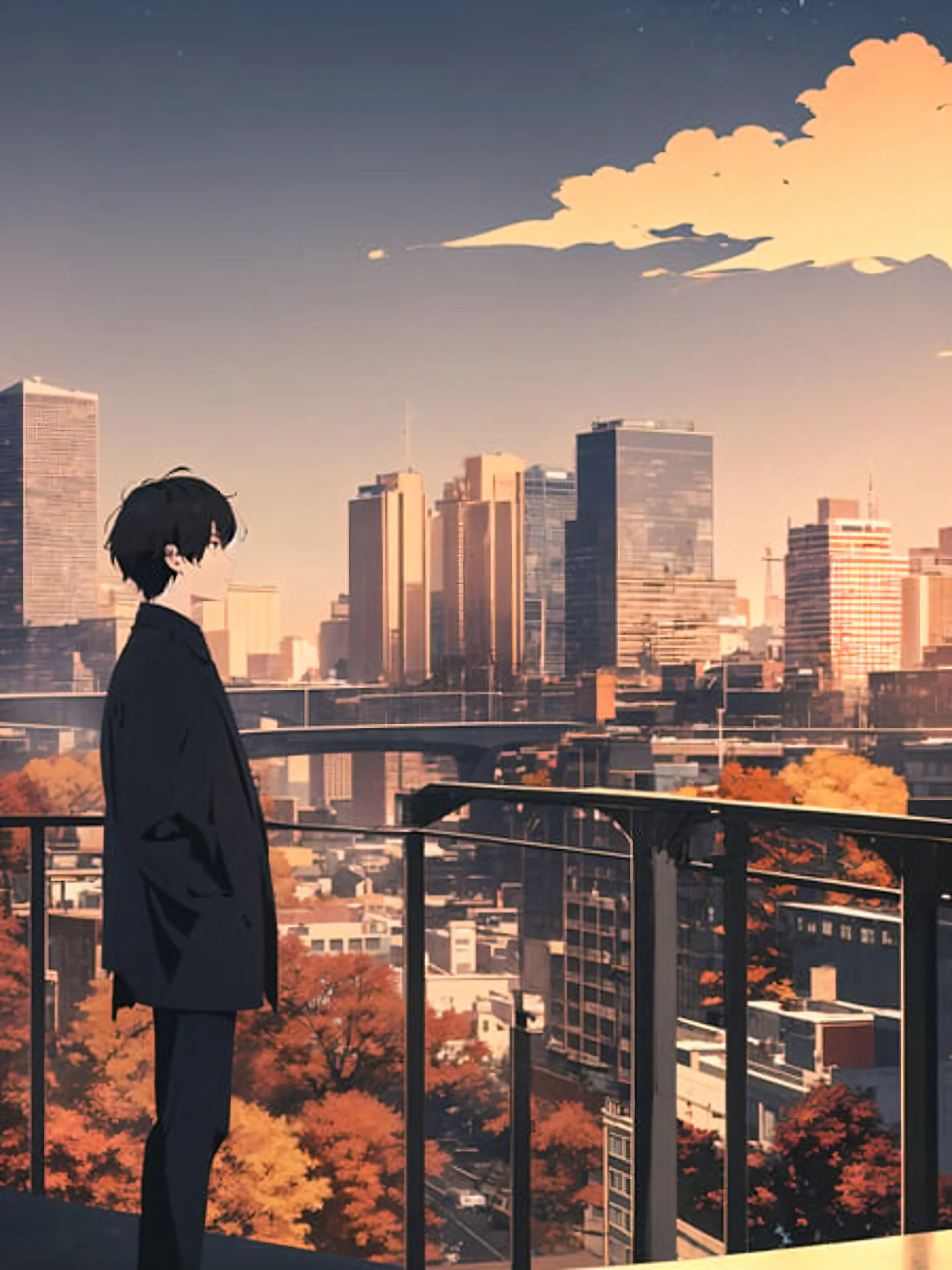 masterpiece, best quality, 1boy, flat color, limited palette, low contrast, (ligne claire), long straight black hair, looking away, standing. smoke, night sky, city, sunset, sky scrapers, bridge, depth of field, black, red, orange, brown, autumn, haze,