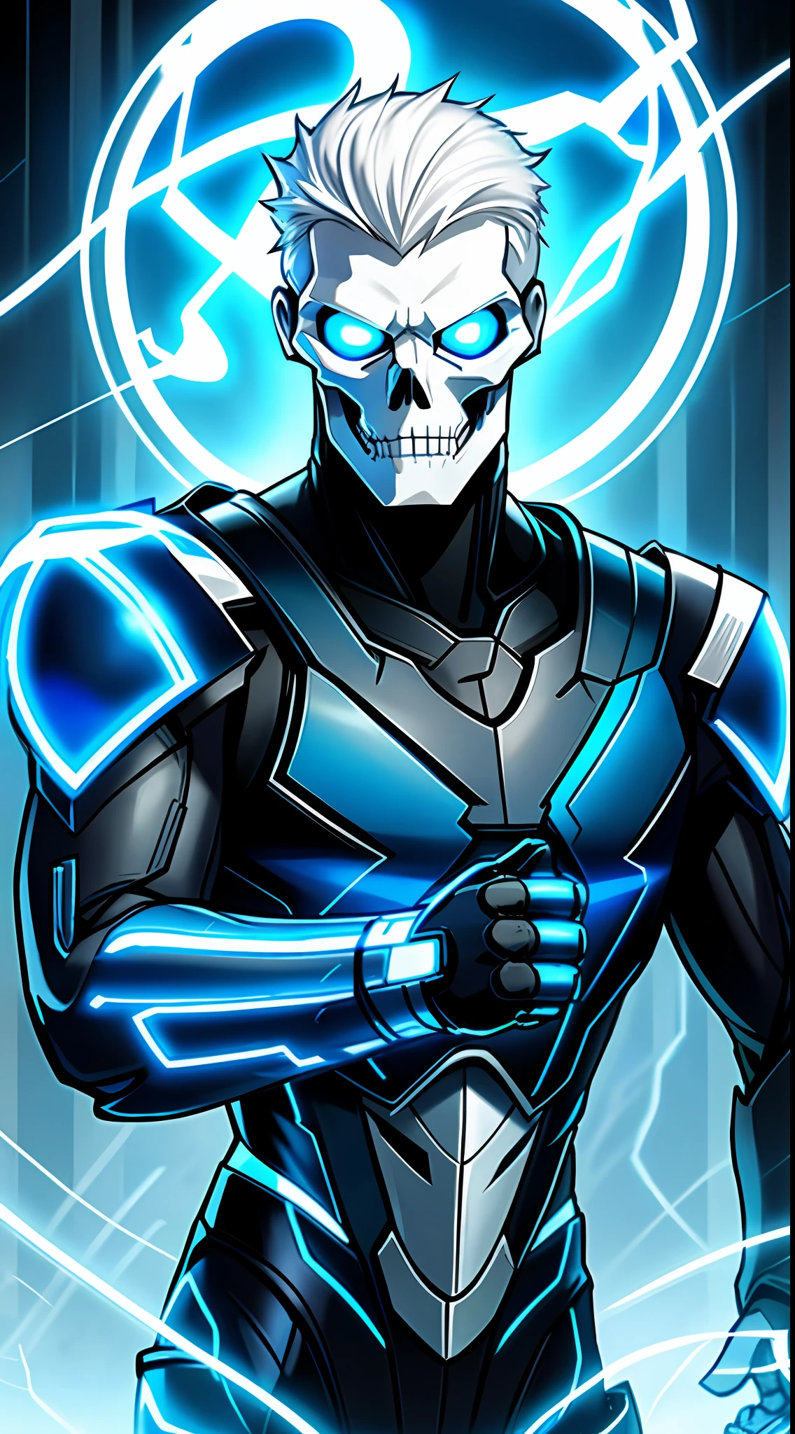 Tall guy, short white hair, blue eyes, cyber mask in the shape of a skull, wrestling, blue lightning, cable, masterpiece, high quality