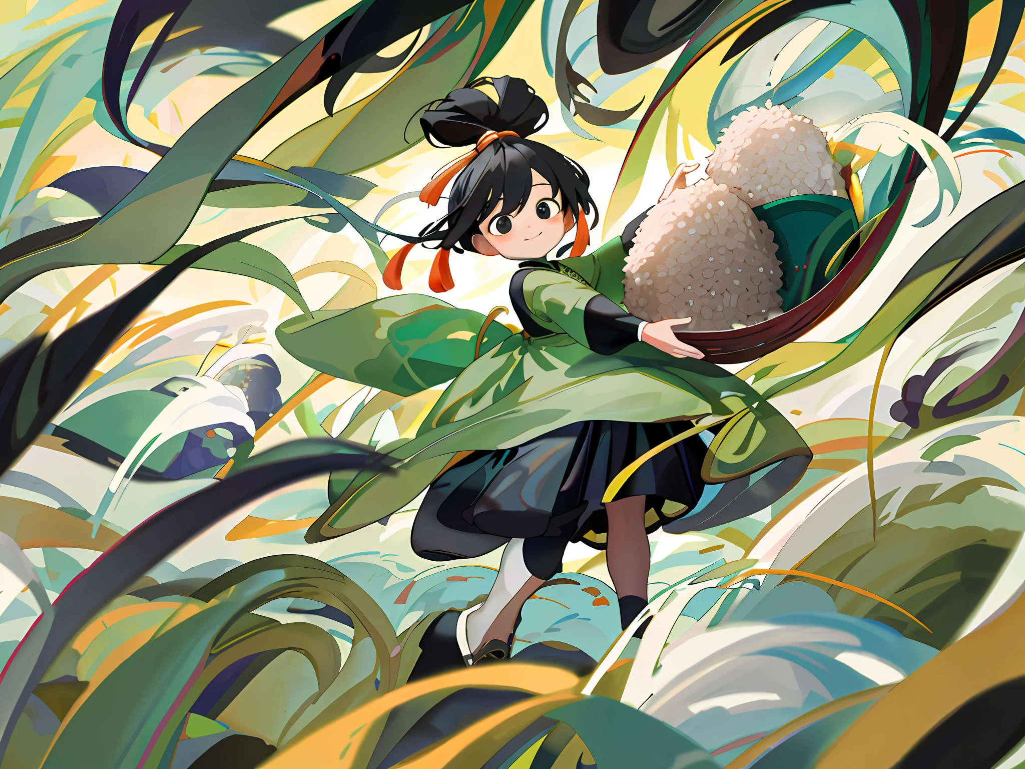8k, masterpiece, high quality, men, children, black hair and black eyes, oil painting, Q version, green long sleeves, Chinese children's clothing, holding rice, happy