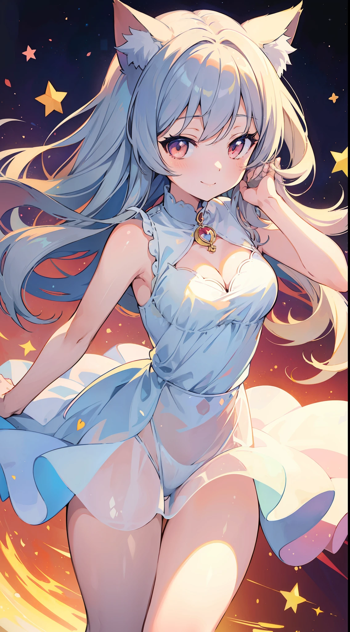 (Masterpiece), (Top Quality Anime Illustration), (Super Definition), One Girl, Solo, Silver-haired Beautiful Girl, Anime , Cat Ear Lolile Color Peach See-Through Dress, Sleeveless, Smile, Cleavage Enhancement, Lower Breast Enhancement, Thighs, Tarot Card Style, Sweetheart