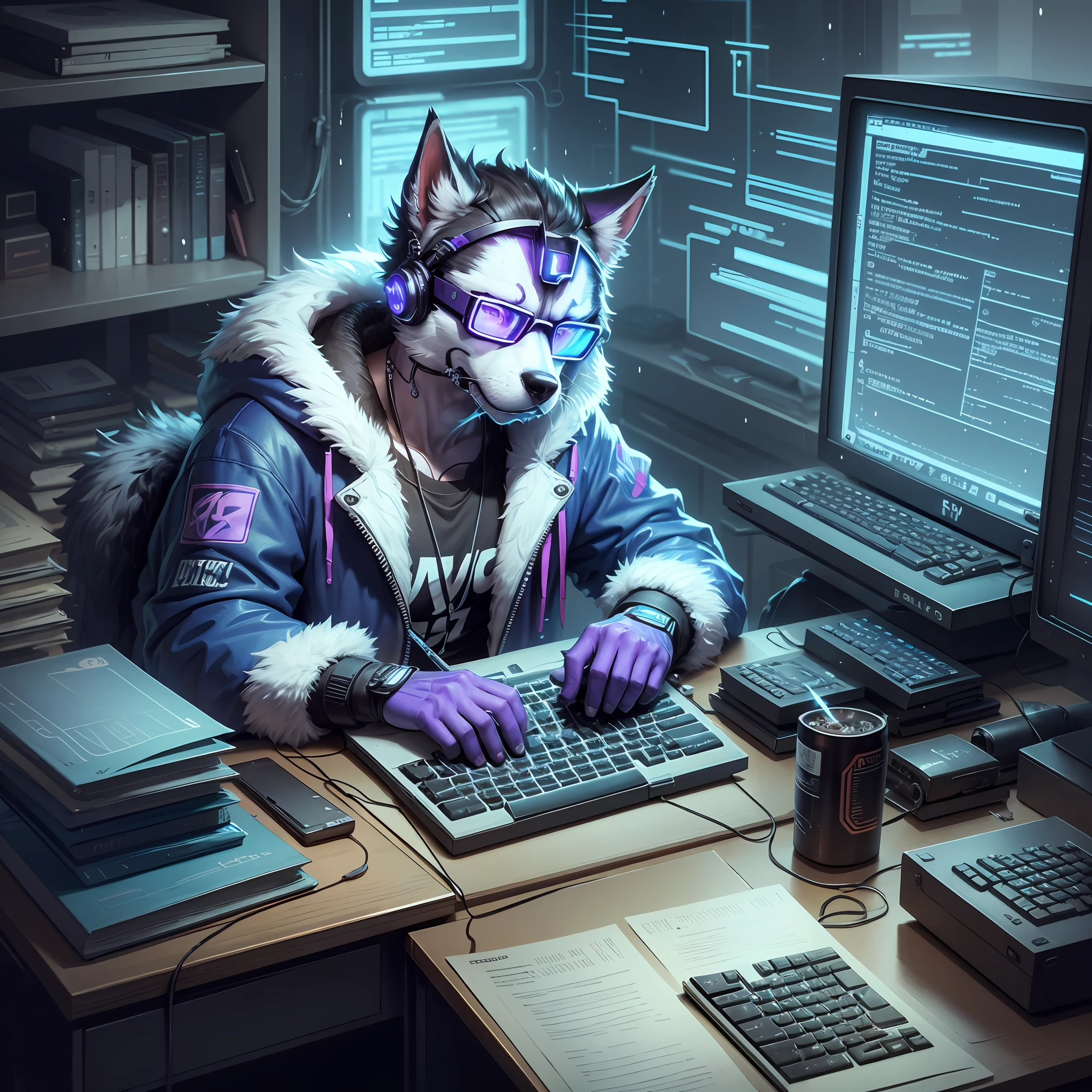 Cyberpunk cartoon style, husky wearing glasses and smoking a cigarette, sitting in a cluttered room typing frantically on the keyboard, (computers: 1.2+desk+messy room), in the dim light, (blue light: 1.1), electronic rain (ASCII rain) wafts in the room. --auto --s2