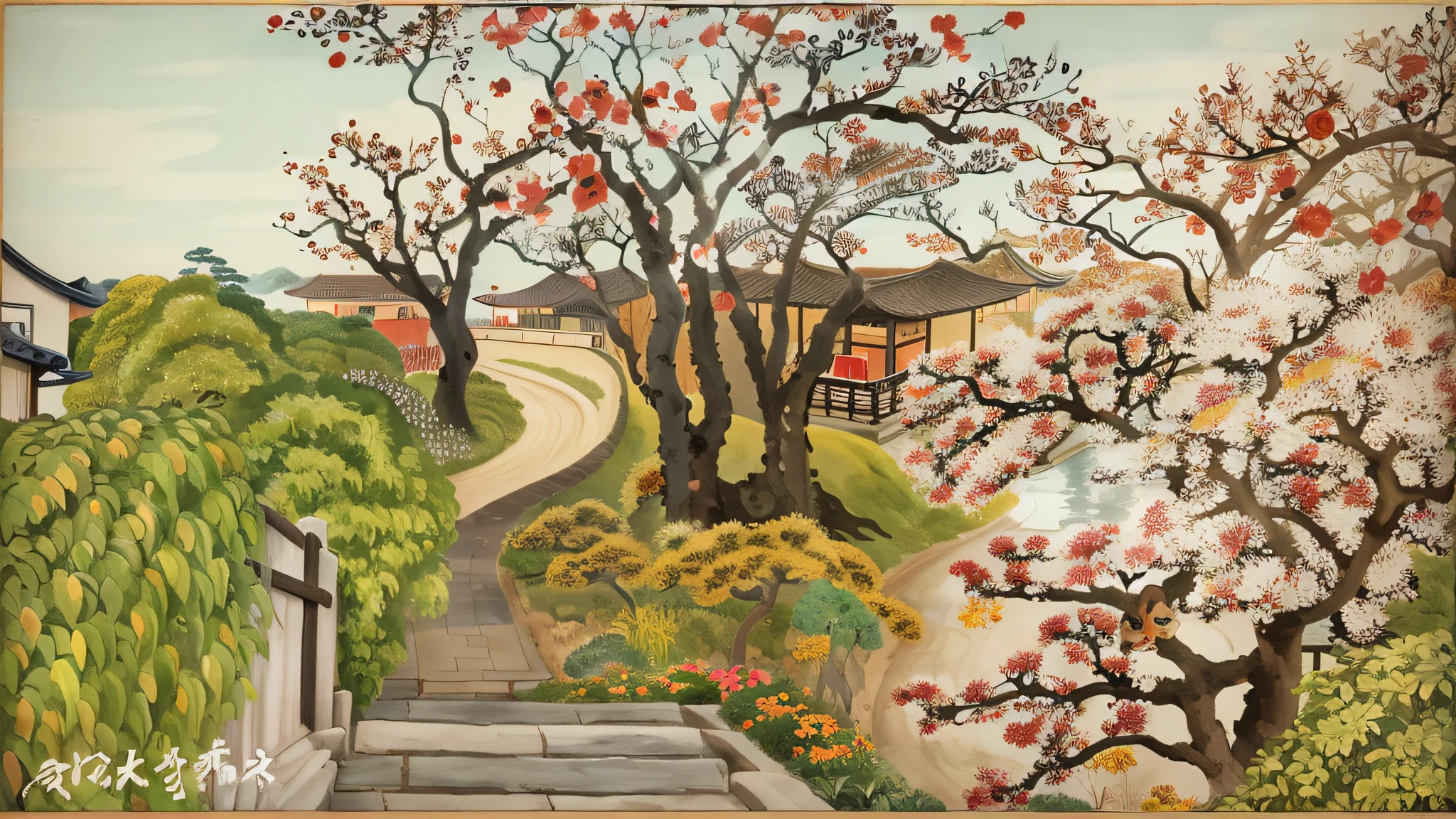 painting of a painting of a path with trees and bushes, by Alex Katz, charles burchfield art painting, japanese style painting, inspired by Charles E. Burchfield, animated film still, tempera, inspired by Saitō Kiyoshi, inspired by Sakai Hōitsu, inspired by Xie Shichen, inspired by Yun-Fei Ji