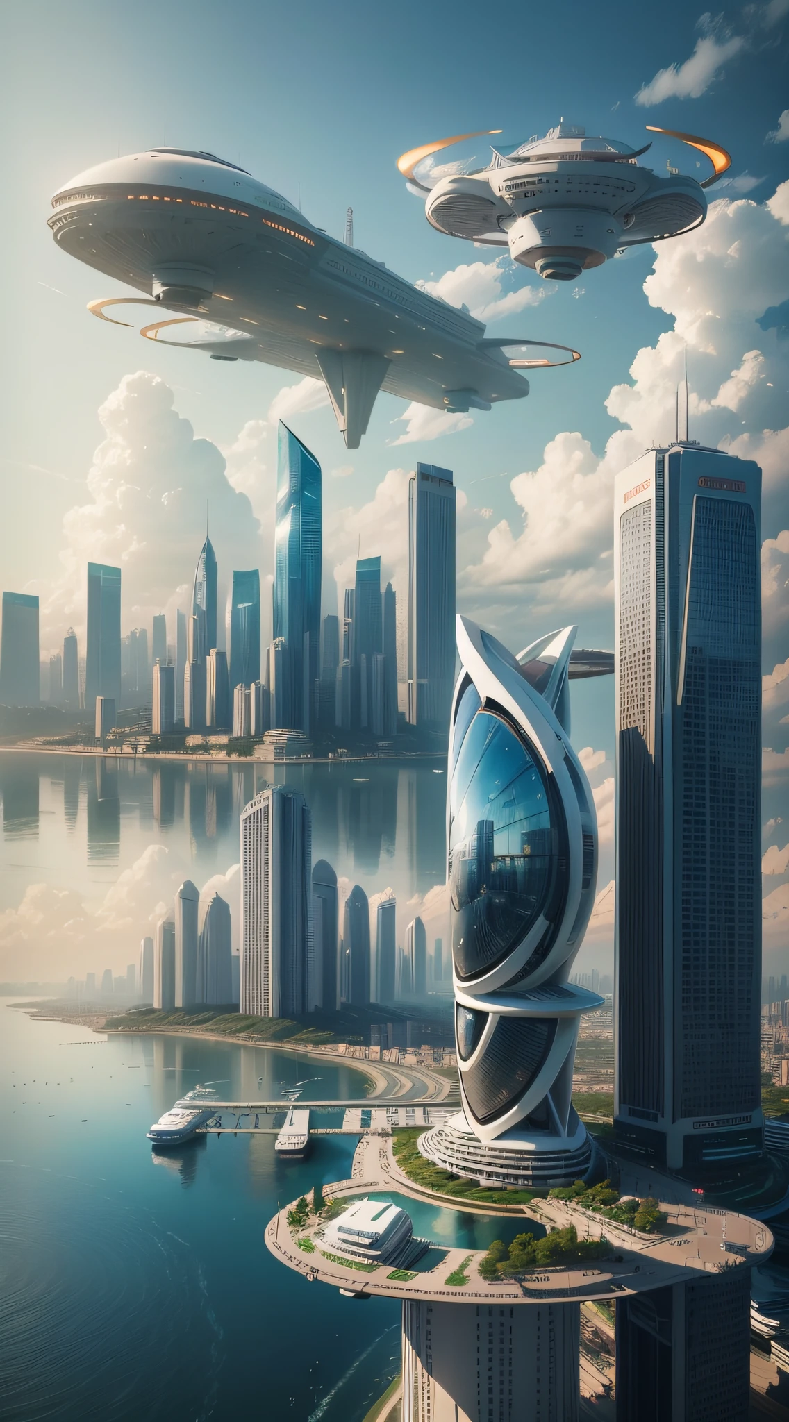 In the future city of 2050, every high-rise building has a parking lot in the air, drone taxis fly around, cruise ships float on the Han River, and clouds flow in the middle. Images taken by drones, 4K, fantasy movies, and images of the future city