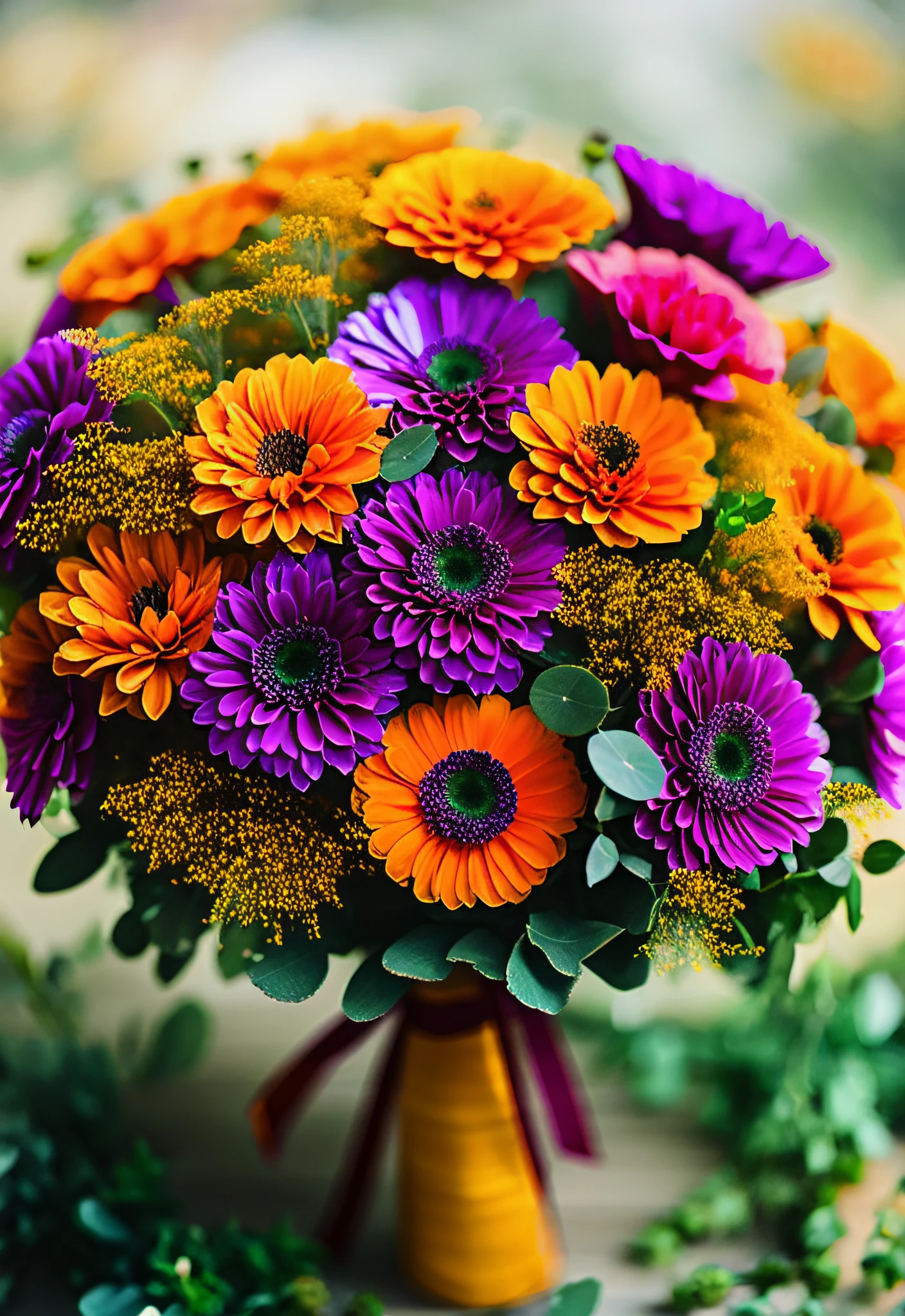 a beautiful stunning fantasy matte digital painting of a bouquet made of orange roses and orange chrysanthemums and purple poppies and green eucalyptus and green flora, a photograph painted in the style of Bridal Magazine, professional floral arrangement, professional lighting, trending on artstation hq, contest winner