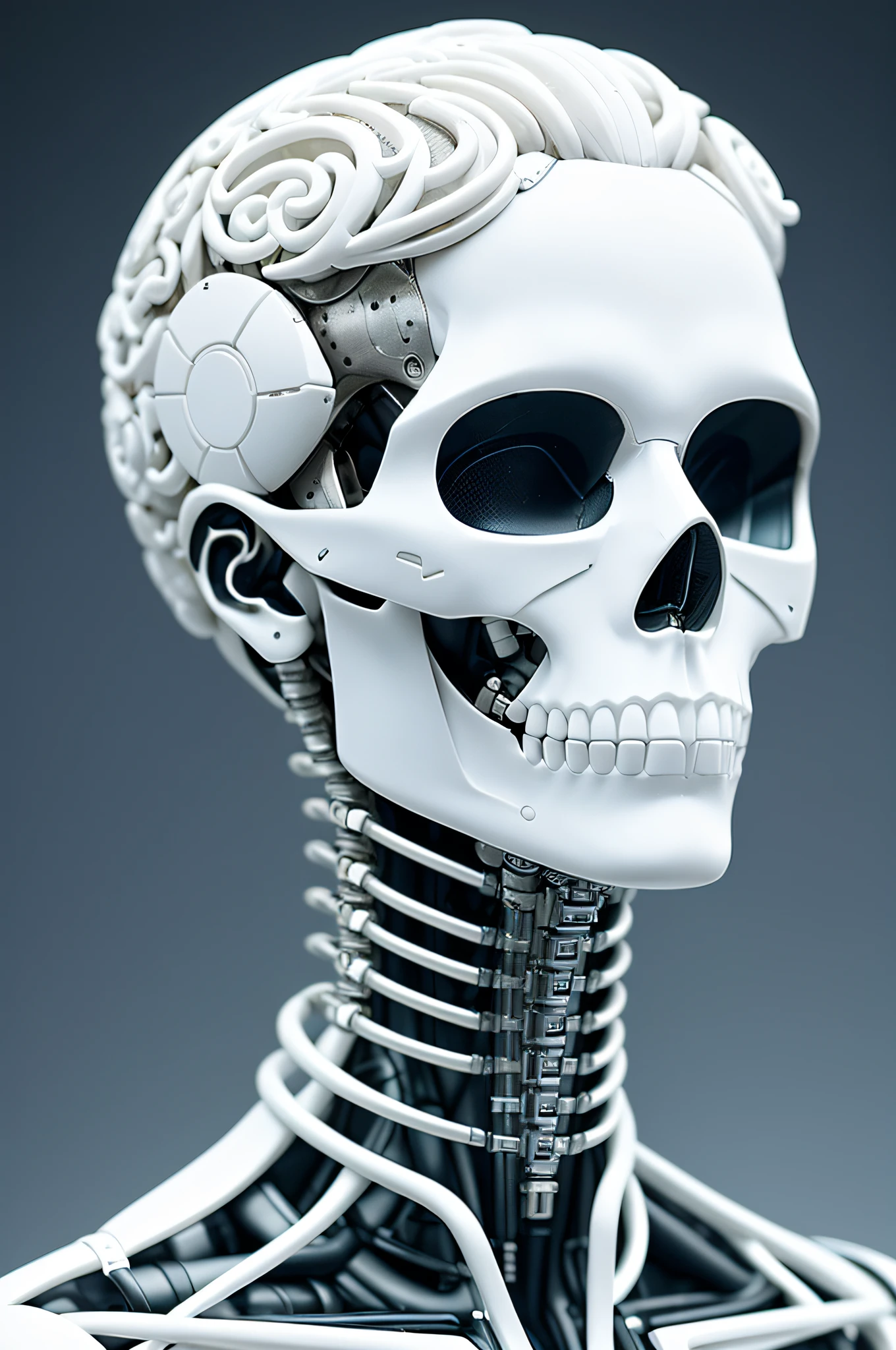 electronic system on humanoid head |male skull| with a visible detailed brain | with a visible detailed heart| fios de cabo de músculos| biopunk| cybernetic| cyberpunk| white marble bust| Canon M50| 100mm| sharp focus| slick| hyperrealism| Highly detailed | intricate details| Sculpted by Michelangelo
