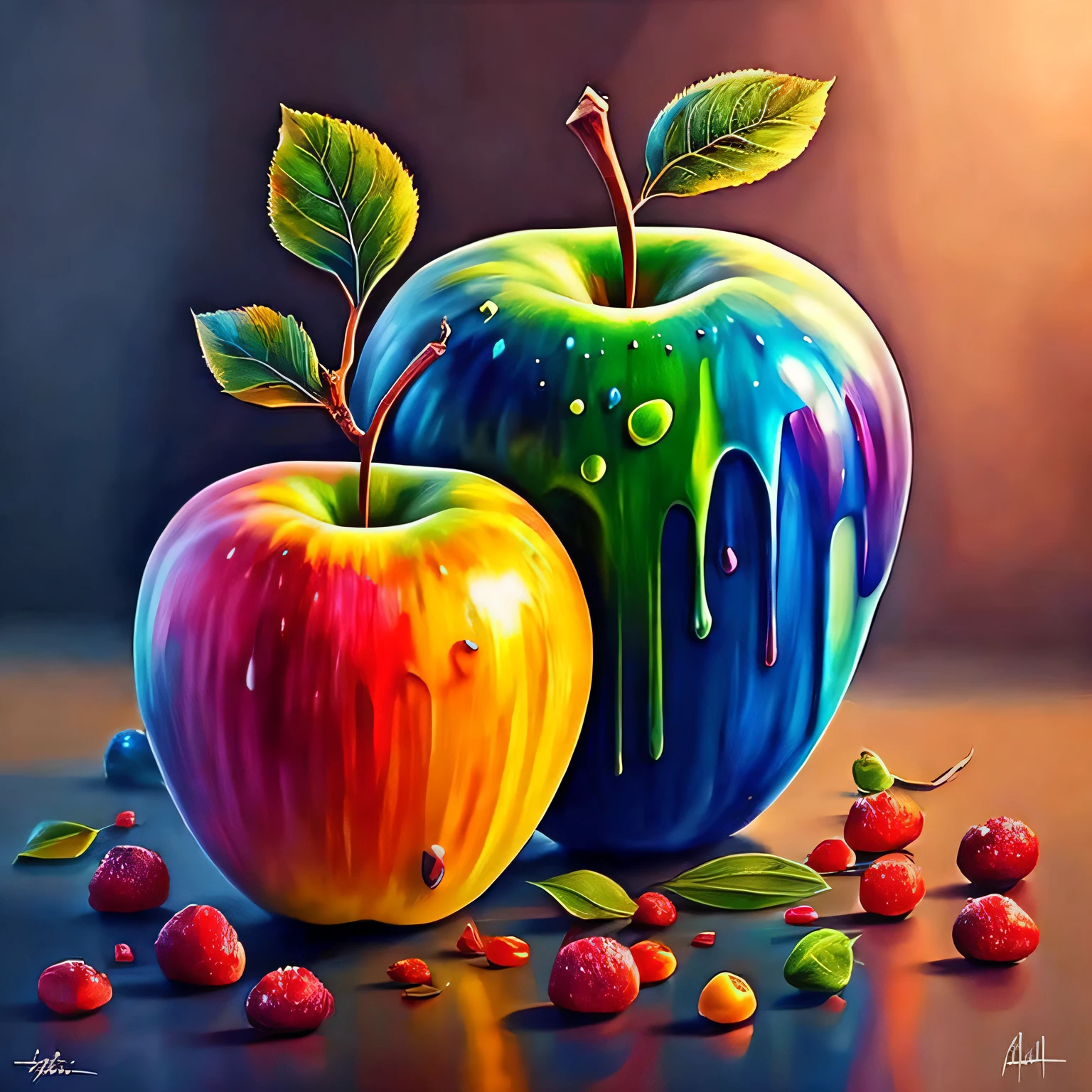 a sprinkled apple sitting on top of a table, hyper realistic digital painting, colorful hyperrealism, amazing food illustration, blender apple, amazing food photography, hyper realistic oil painting, hyper realistic color photo, ultrarealistic oil painting, realistic colorful photography, hyper - realistic oil painting, hyper-realistic oil painting, beautiful 3d render, hyperrealistic digital painting