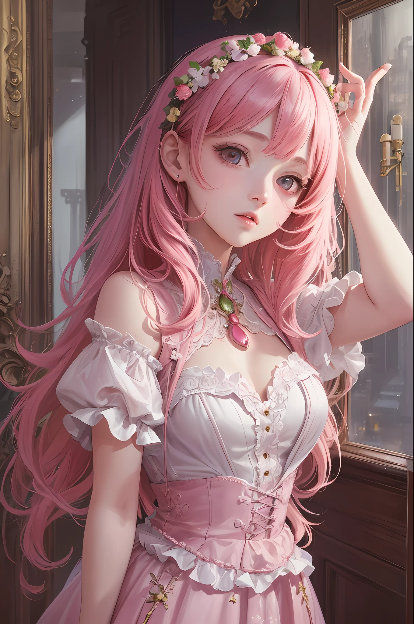 ( Absurd , High quality , ultra detailed, masterpiece, concept art, smooth, highly detailed artwork, hyper realistic painting ) Dreamy , Romantic , Vivid, girl , pink , strawberry shortcake character, cute , whole body ,