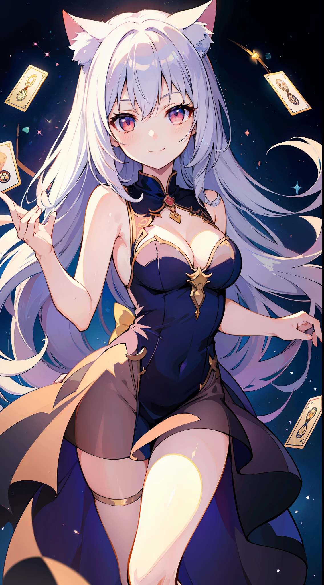 (Masterpiece), (Top Quality Anime Illustration), (Super Definition), One Girl, Solo, Beautiful Girl with Silver Hair, Anime , Cat Ear Lolile Red See-Through Dress, Sleeveless, Smile, Cleavage Enhancement, Lower Breast Enhancement, Thighs, Tarot Card Style, Empress