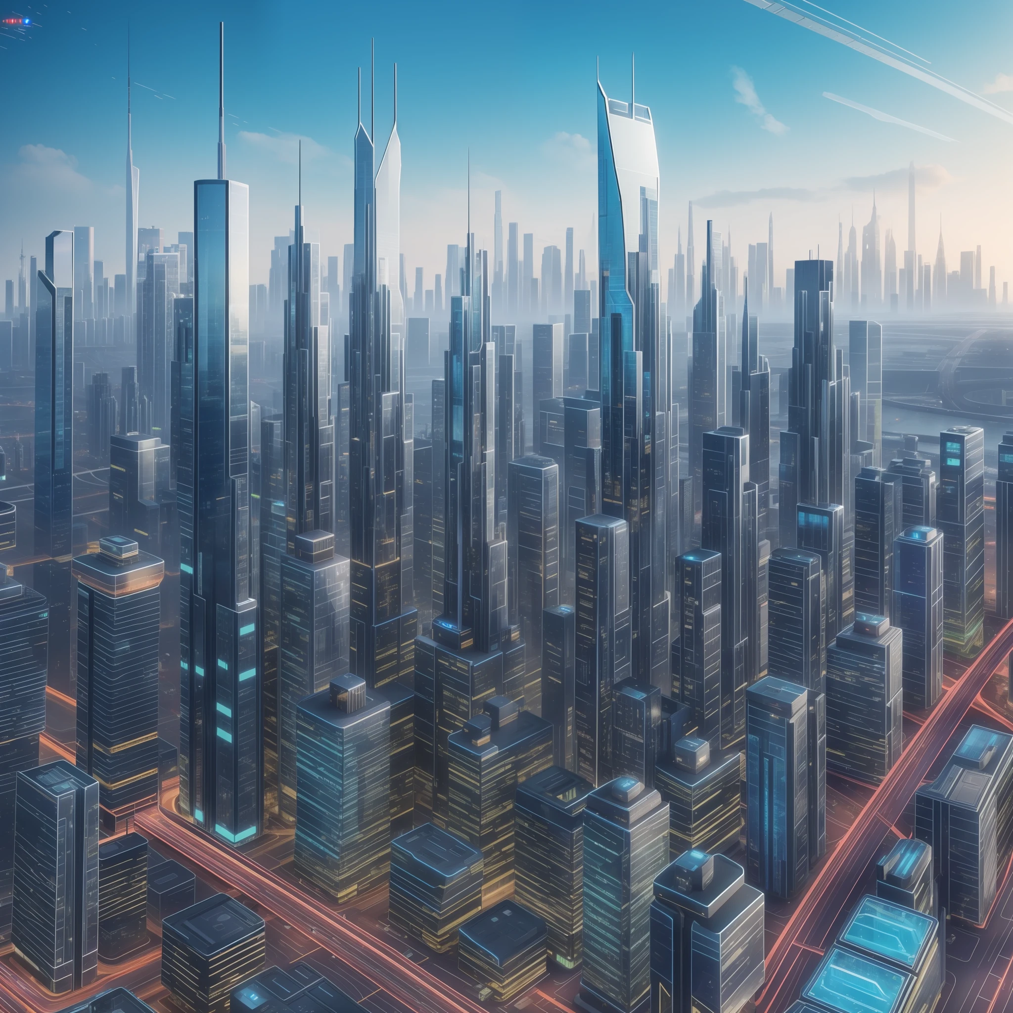 (8k, photorealistic: 1.37), A futuristic and bright city, with tall skyscrapers and flying cars passing through the streets.