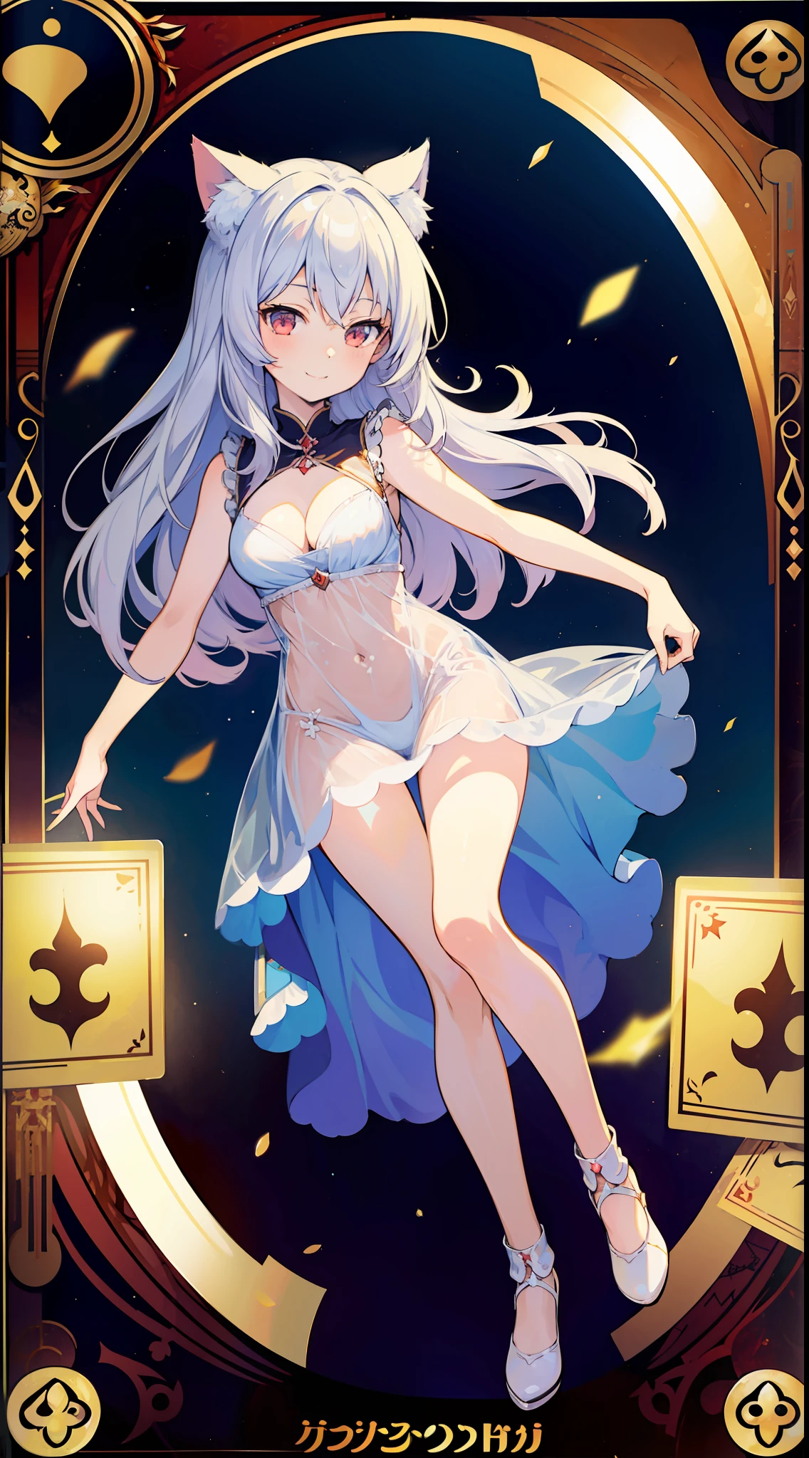 (Masterpiece), (Top Quality Anime Illustration), (Super Definition), One Girl, Solo, Beautiful Girl with Silver Hair, Anime , Cat Ear Lolile Red See-Through Dress, Sleeveless, Smile, Cleavage Enhancement, Lower Breast Enhancement, Thighs, Tarot Card Style, Empress