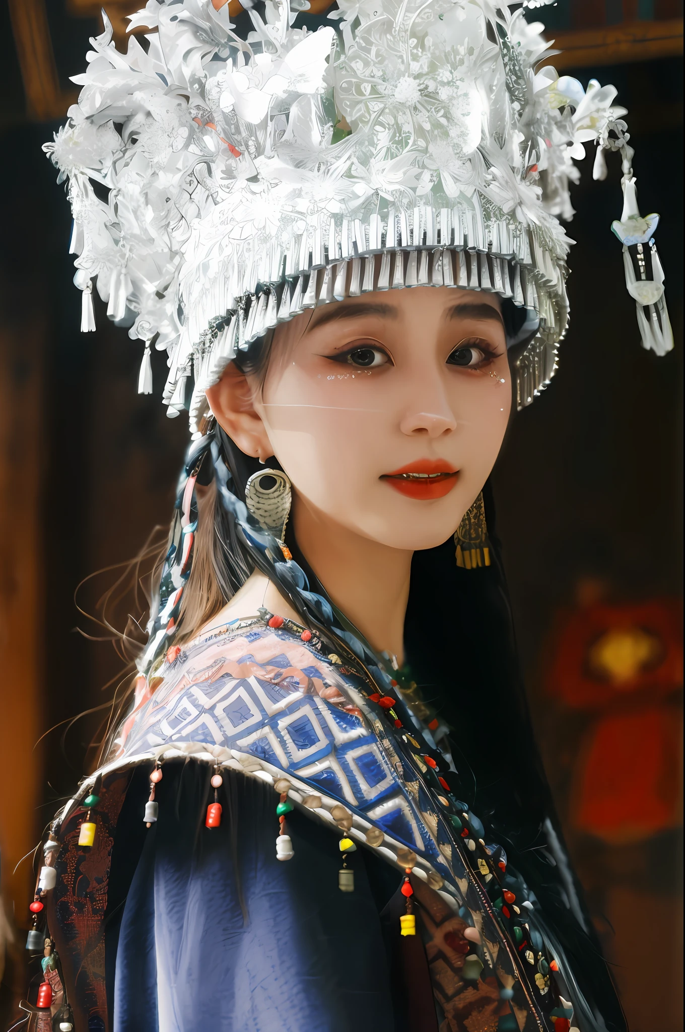 arafed woman wearing a silver hat with a long braid, traditional beauty, traditional chinese, chinese woman, traditional clothes, wearing authentic attire, traditional chinese clothing, traditional dress, chinese girl, traditional clothing, traditional tai costume, traditional costume, wearing an elegant tribal outfit, intricate chrome headdress, palace , a girl in hanfu, wearing an ornate outfit