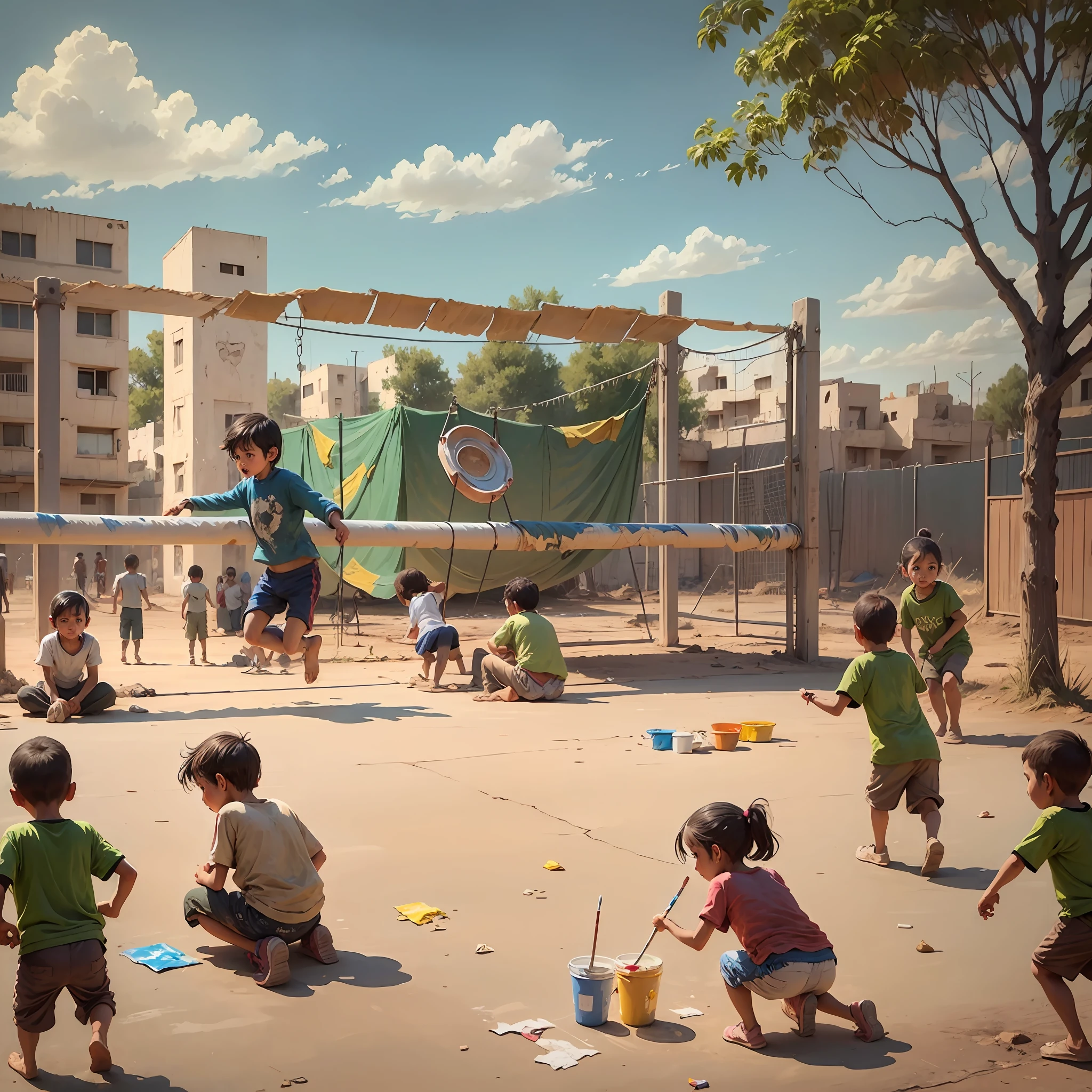 Paint a scene of children playing in a playground in a conflict area, showing the innocence lost in the midst of war. --auto --s2