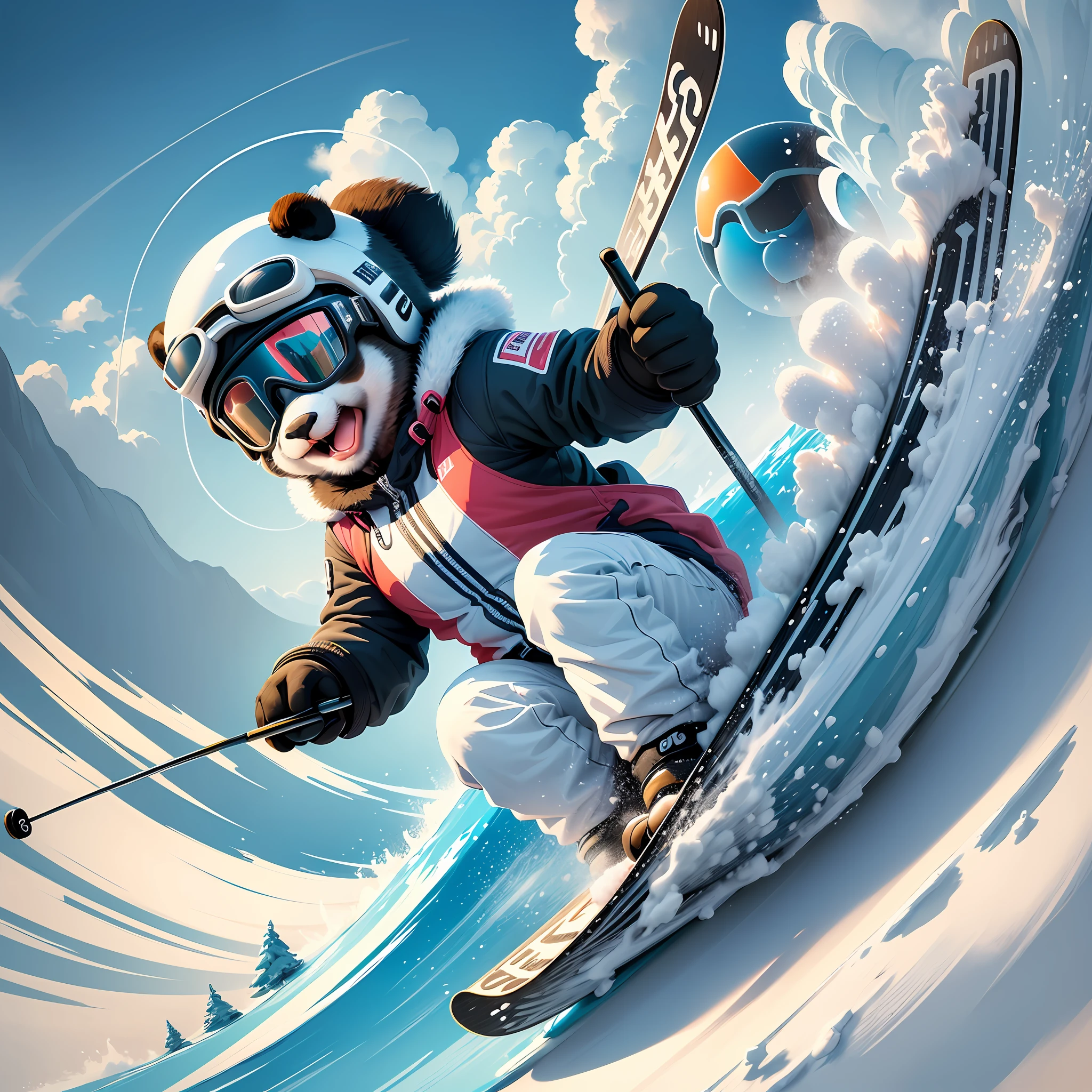 ((best quality)), ((playful and charming)), (detailed), adorable and dynamic depiction of a cartoon panda enjoying skiing, (panda in action with skis and goggles:1.1), (cloud patterns used as decorative accents throughout the artwork:1.2), (expression of excitement and enjoyment:1.3), bright and lively color scheme, digital illustration --auto --s2