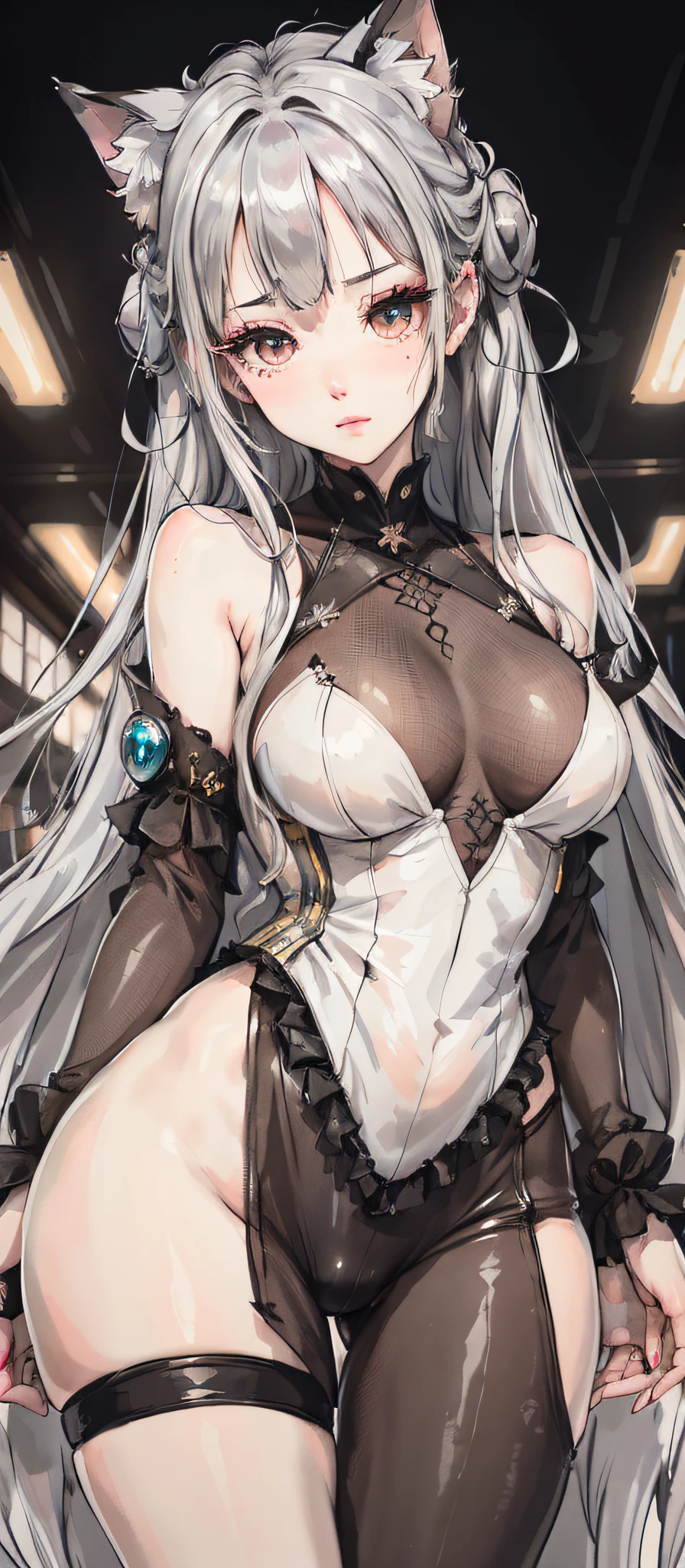 A GIRL, see-through outfit, flesh-colored pantyhose, silver hair, grey hair, white hair, asymmetrical bangs, expressive hair, wavy hair, mole under eye, aqua eyes, gradient_eyes, fox ears, makeup, drunk, cheek bulge, full-face blush, oral invitation, Romanticism, silhouette, masterpiece, ccurate, textured skin, super detail, 8k, best quality, high details, high quality, highres