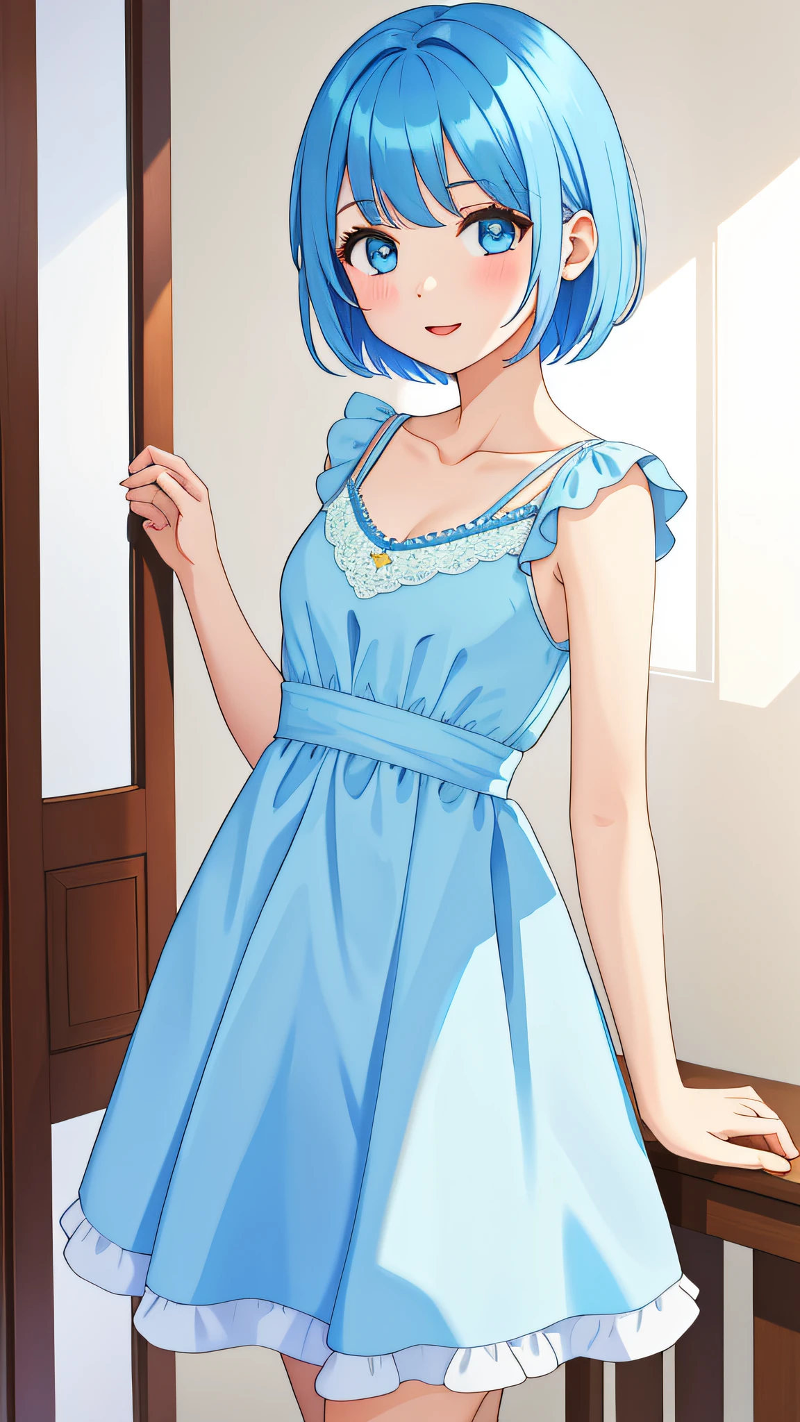 1 girl, masterpiece, best quality, light blue dress, short hair