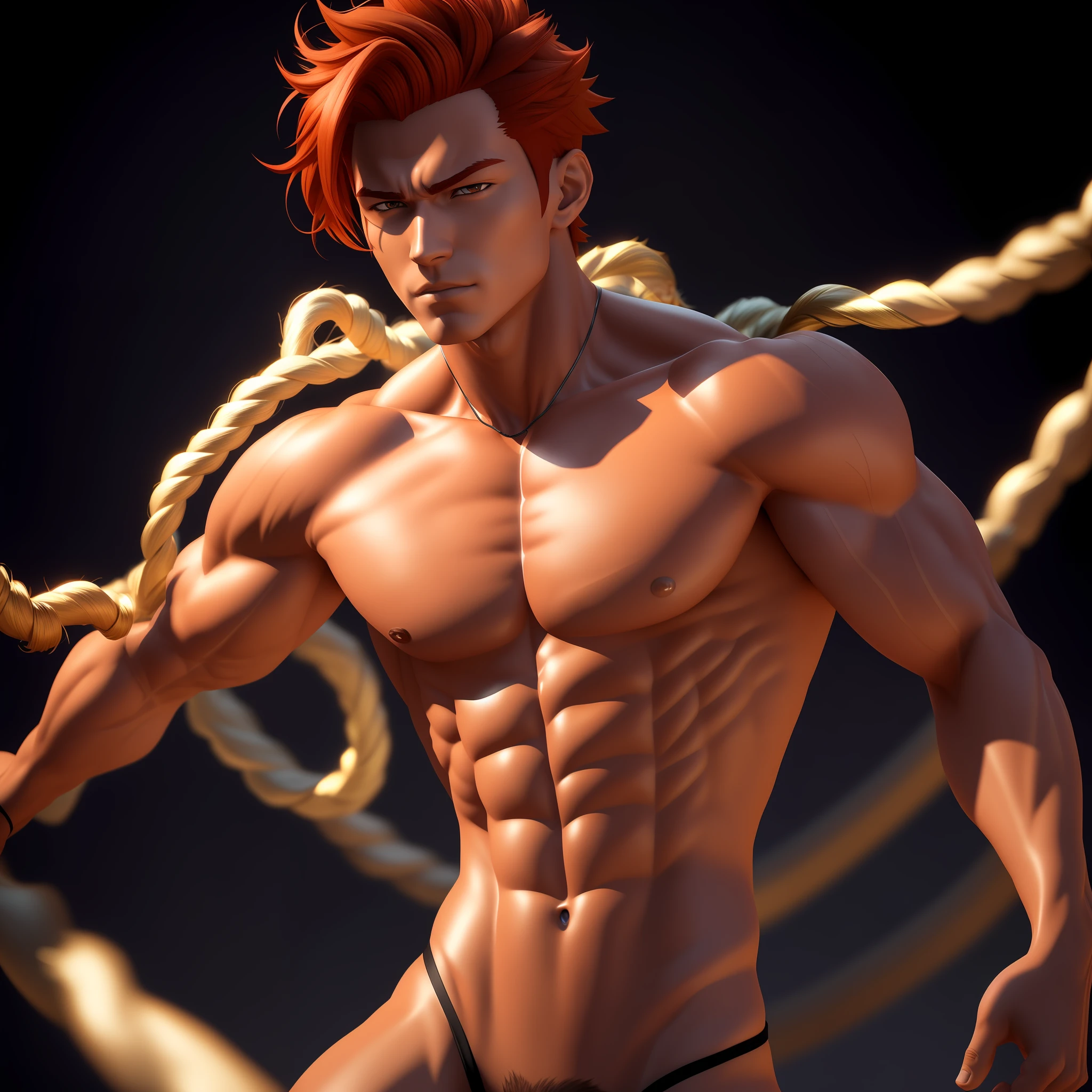 arafed male model with red hair and no shirt posing, muscular character, male anime character, handsome anime pose, muscular male hero, 3 d render character art 8 k, orange - haired anime boy, shirtless :: high detail, beefcake pose, handsome guy in demon slayer art, male character, 8k octae render photo, highly detailed character, muscular characters