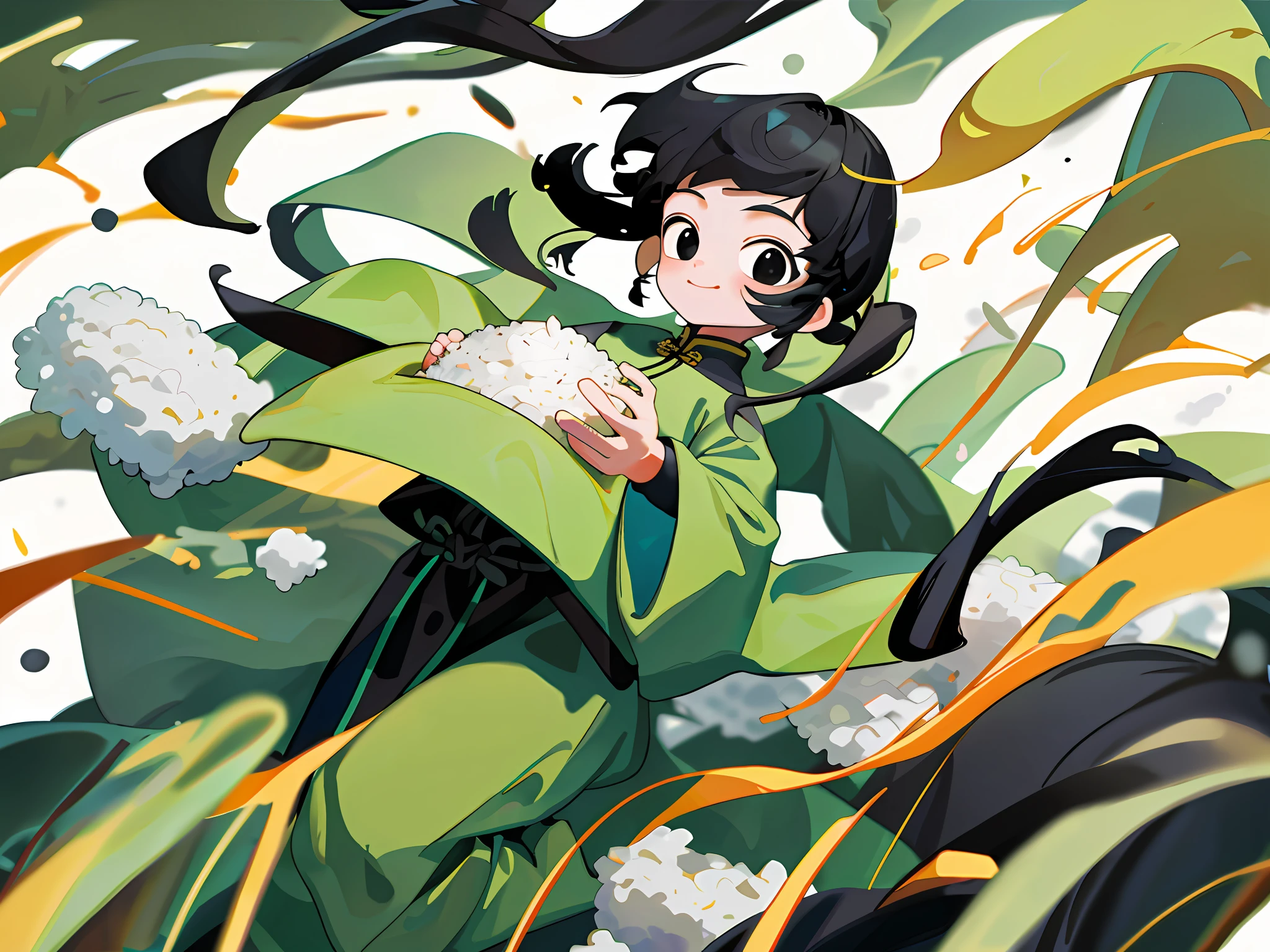 8k, masterpiece, high quality, men, children, black hair and black eyes, oil painting, Q version, green long sleeves, Chinese children's clothing, holding rice, happy