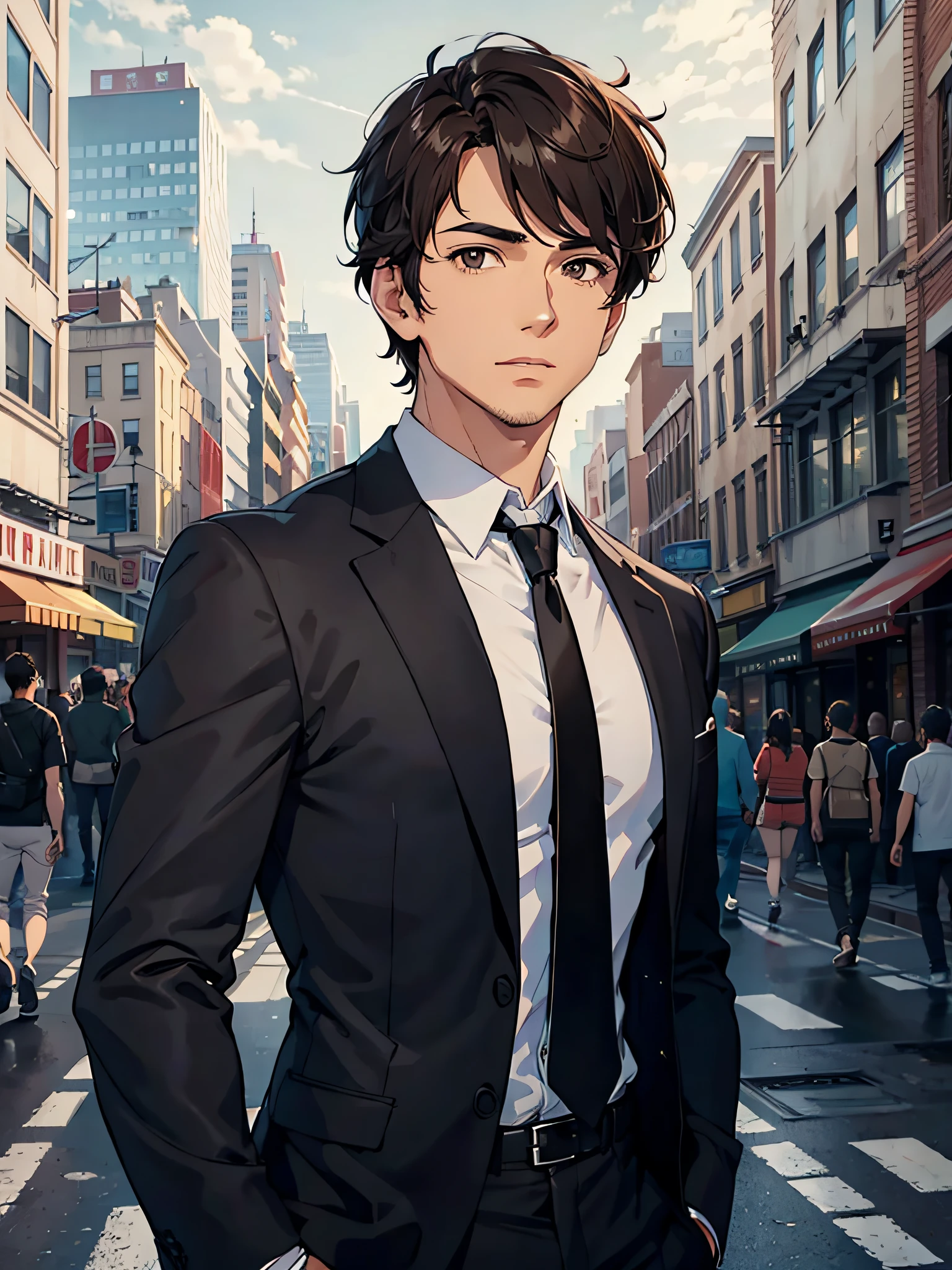 A handsome man with short brown hair and black eyes in the city, upper body, solo