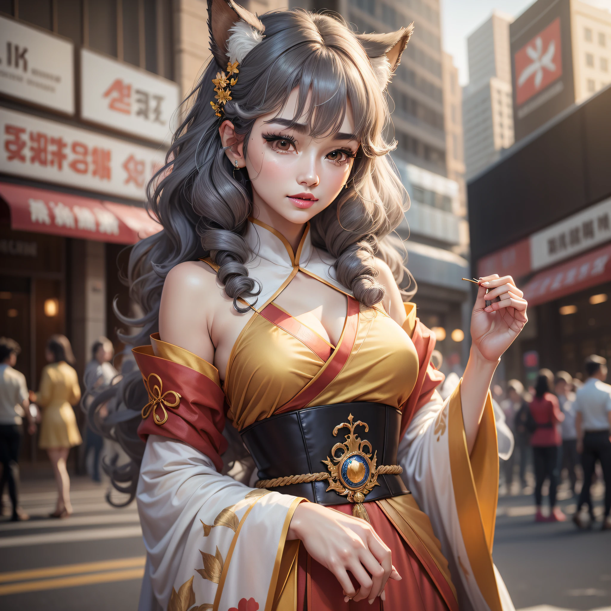 Very detailed CG unity 8k wallpaper, (masterpiece), (best quality), (super detailed), (ultra-realistic), (best character detail: 1.36), Nikon d750 f/1.4 55mm, dynamic angle, professional lighting, photon mapping, radiosity, physically based rendering, outdoor, busy street, looking at the audience, blushing, 1girl, mature woman, mature woman, tall body, golden ratio, (Kpop idol), (oil skin: 1.2), (oil skin:1.1), makeup,[:(high detailed face:1.2):0.2]:,PureErosFace_v1, ((curly gray hair and delicate style)), (aegyo sal:1), (puffy eyes), (eyelashes: 1.1), (lips: 1.1), red lipstick, broad shoulders, animal ears, hanfu, tang costume, tang costume