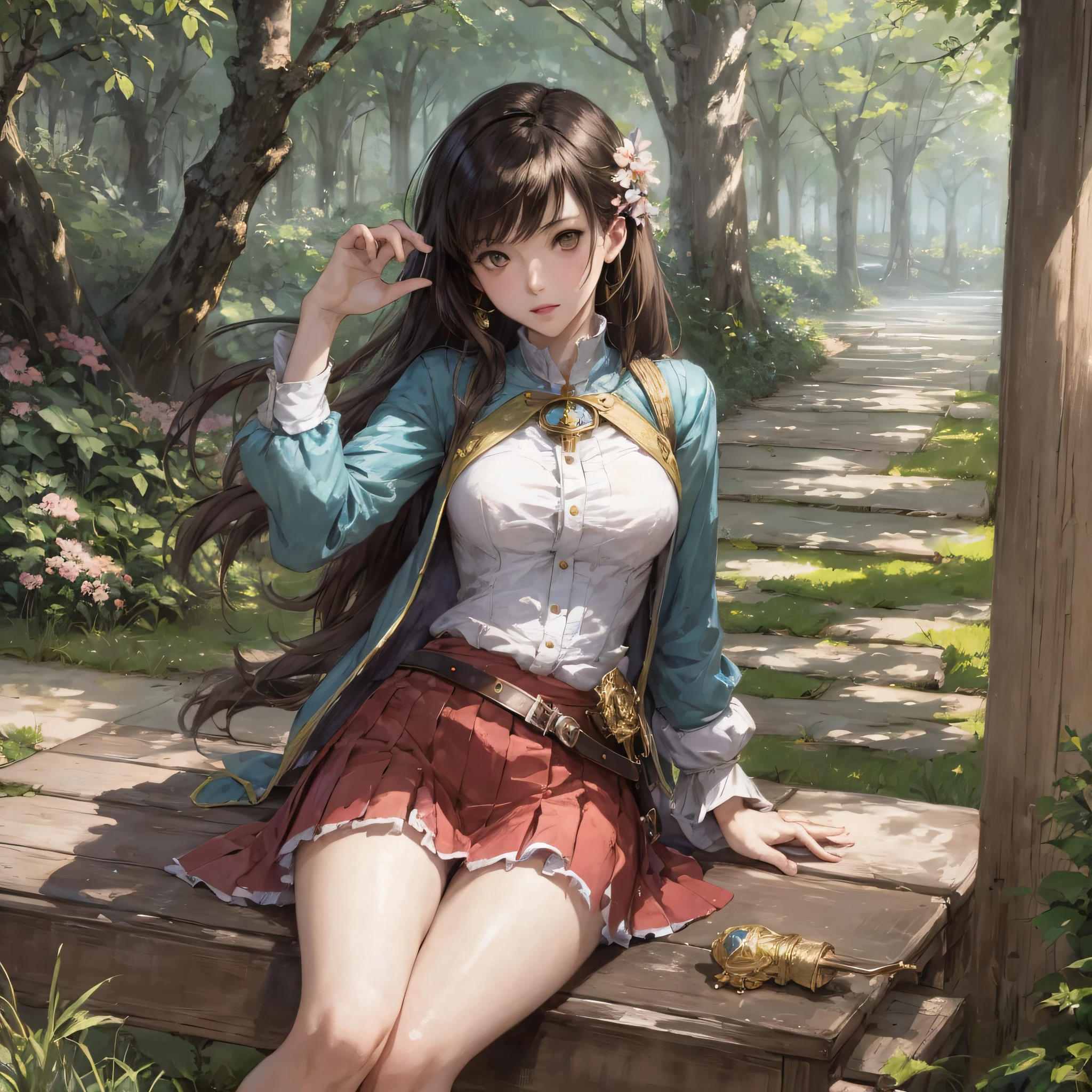 Top quality. Painting by Akihiko Yoshida. Illustration. Character design. Woman. A world of swords and sorcery. Spring. Miniskirt. Sit and open your legs . From the bottom --auto --s2