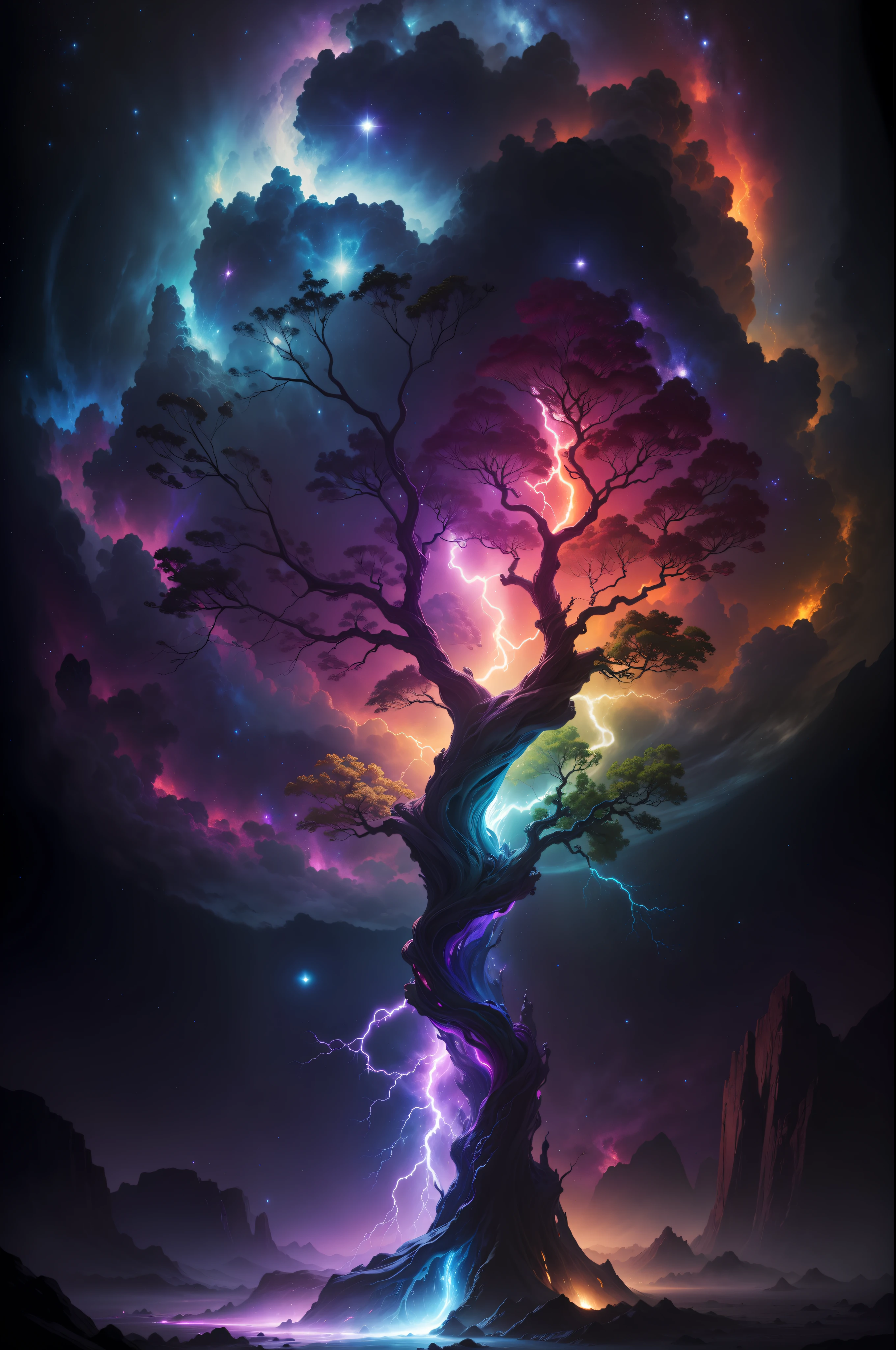 Masterpiece The Birth of Creation, a leafy tree with energetic and colorful streams of light in an epic galactic sky, with professional color gradation, soft shadows, no contrast, clean sharp focus, cinema film photography, hyper realistic :: nebula::1 wide-angle lens::1 blur:: UHD, HDR, 16K