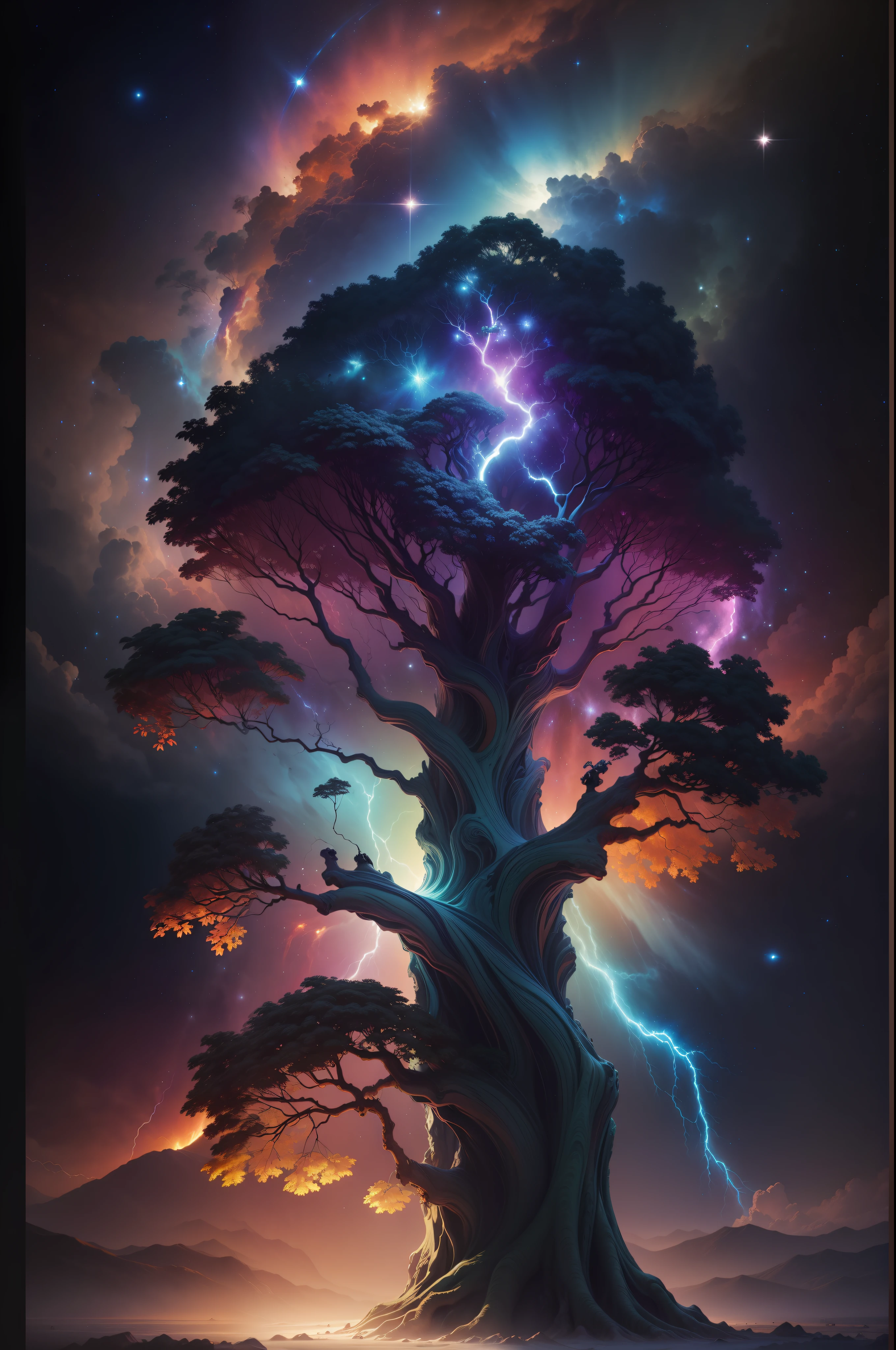 Masterpiece The Birth of Creation, a leafy tree with energetic and colorful streams of light in an epic galactic sky, with professional color gradation, soft shadows, no contrast, clean sharp focus, cinema film photography, hyper realistic :: nebula::1 wide-angle lens::1 blur:: UHD, HDR, 16K