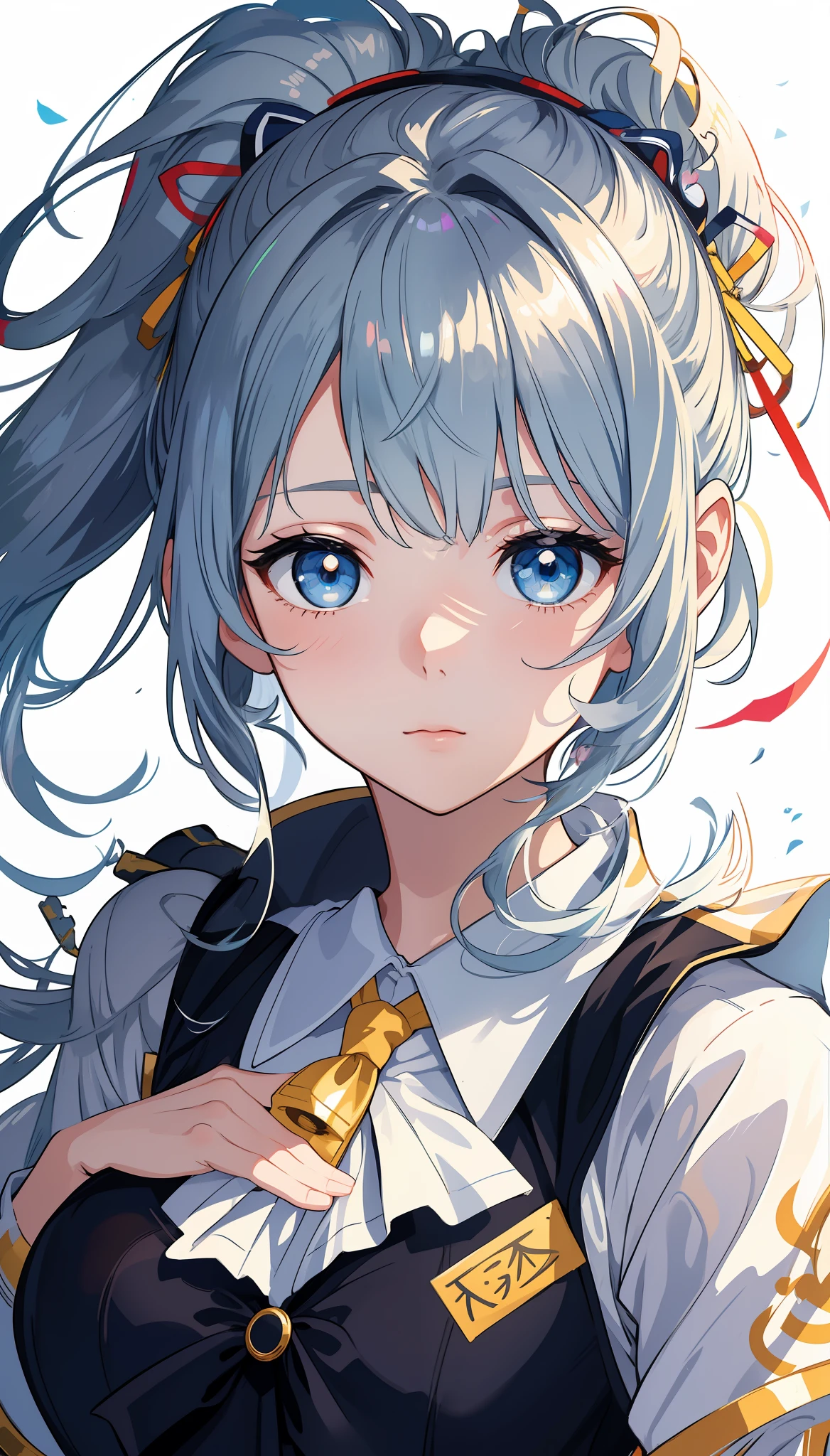 (masterpiece), (best quality), (super detailed), (disheveled hair), (illustration), (one girl), (high school uniform), (upper body)), shirt with white collar, ribbon tie, pleated skirt, standing, fashion model, looking at the viewer, (interview), (simple background), finely beautiful eyes, delicate beautiful face, floating, (high saturation), (colorful splash), colorful bubble, (shine), focus on face, ponytail, silver hair, bangs, hair ring, floating flowers, floating hair, (shine), best lighting, best shadow,