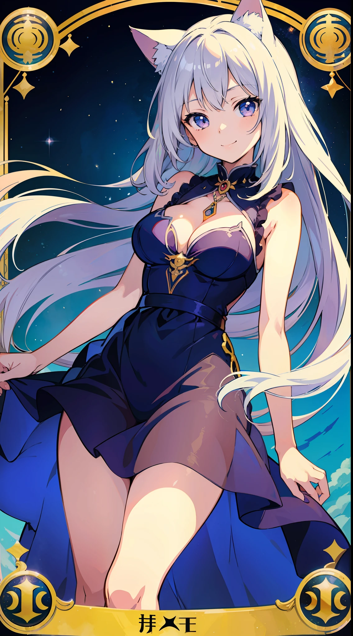 (Masterpiece), (Top Quality Anime Illustration), (Super Definition), One Girl, Solo, Silver-haired Beautiful Girl, Anime Loli, Cat Ear Loli, See-Through Dress, Sleeveless, Smile, Cleavage Enhancement, Lower Breast Enhancement, Thighs, Tarot Card Style, Emperor