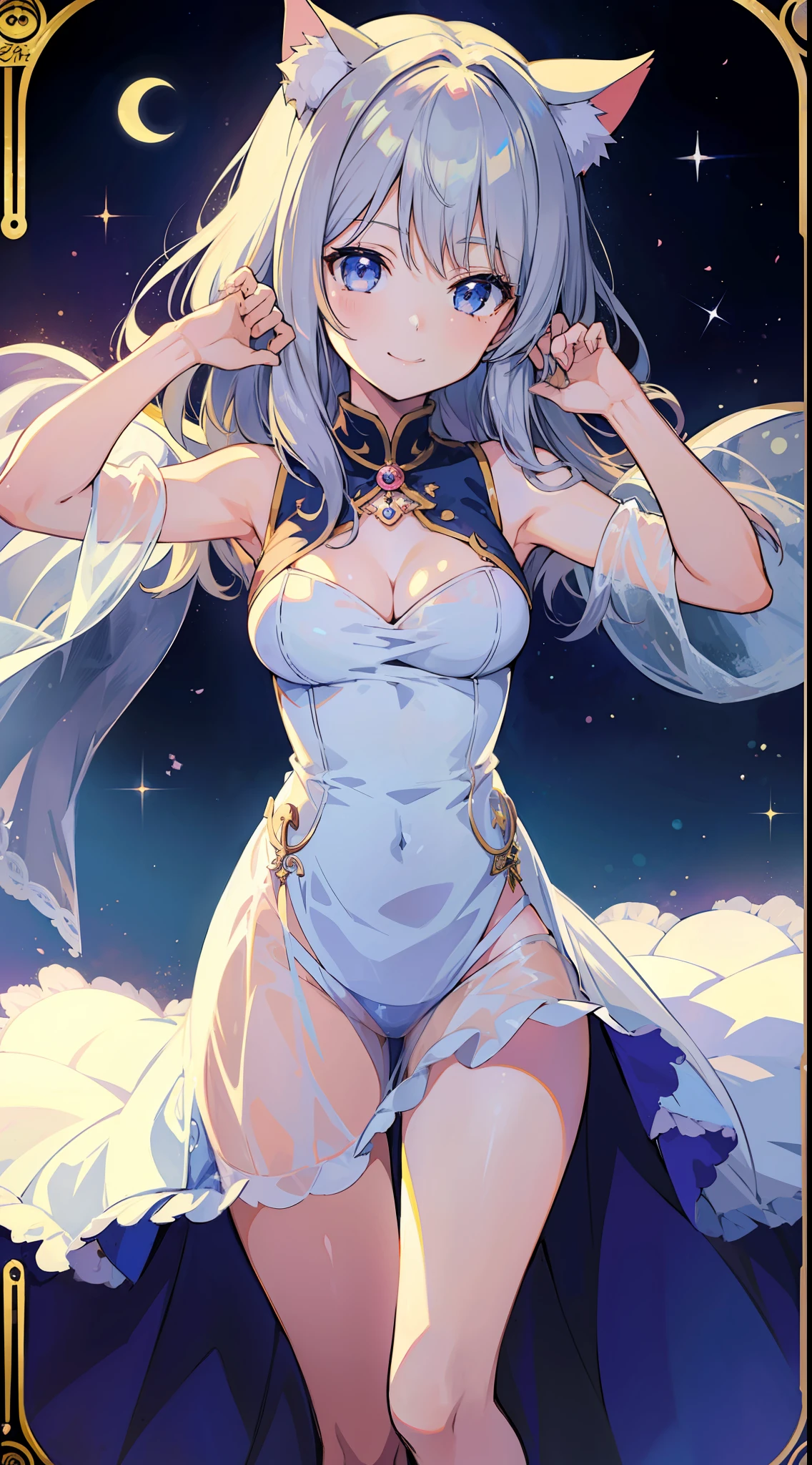 (Masterpiece), (Top Quality Anime Illustration), (Super Definition), One Girl, Solo, Silver-haired Beautiful Girl, Anime , Cat Ear Lolie-Through Dress, Sleeveless, Smile, Cleavage Enhancement, Lower Breast Enhancement, Thighs, Tarot Card Style, Emperor