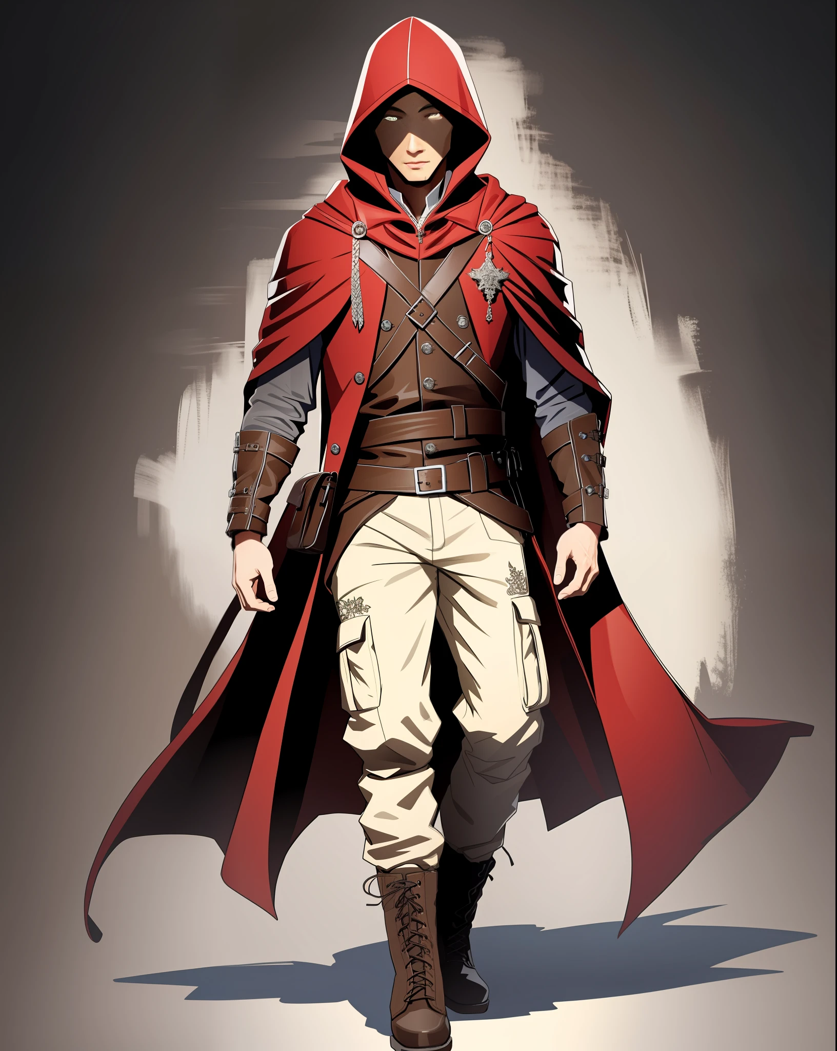 (highly detailed illustration:1.2), best quality, masterpiece, solo, full body, detailed face, detailed eyes, white eyes, walking upright, solid background, Red coat with coat tail, coat with red hood, hood up, featureless face, brown leather boots, black cargo pants, black pants, male, mannequin face, dnd changeling, 1 person, medieval period, no background